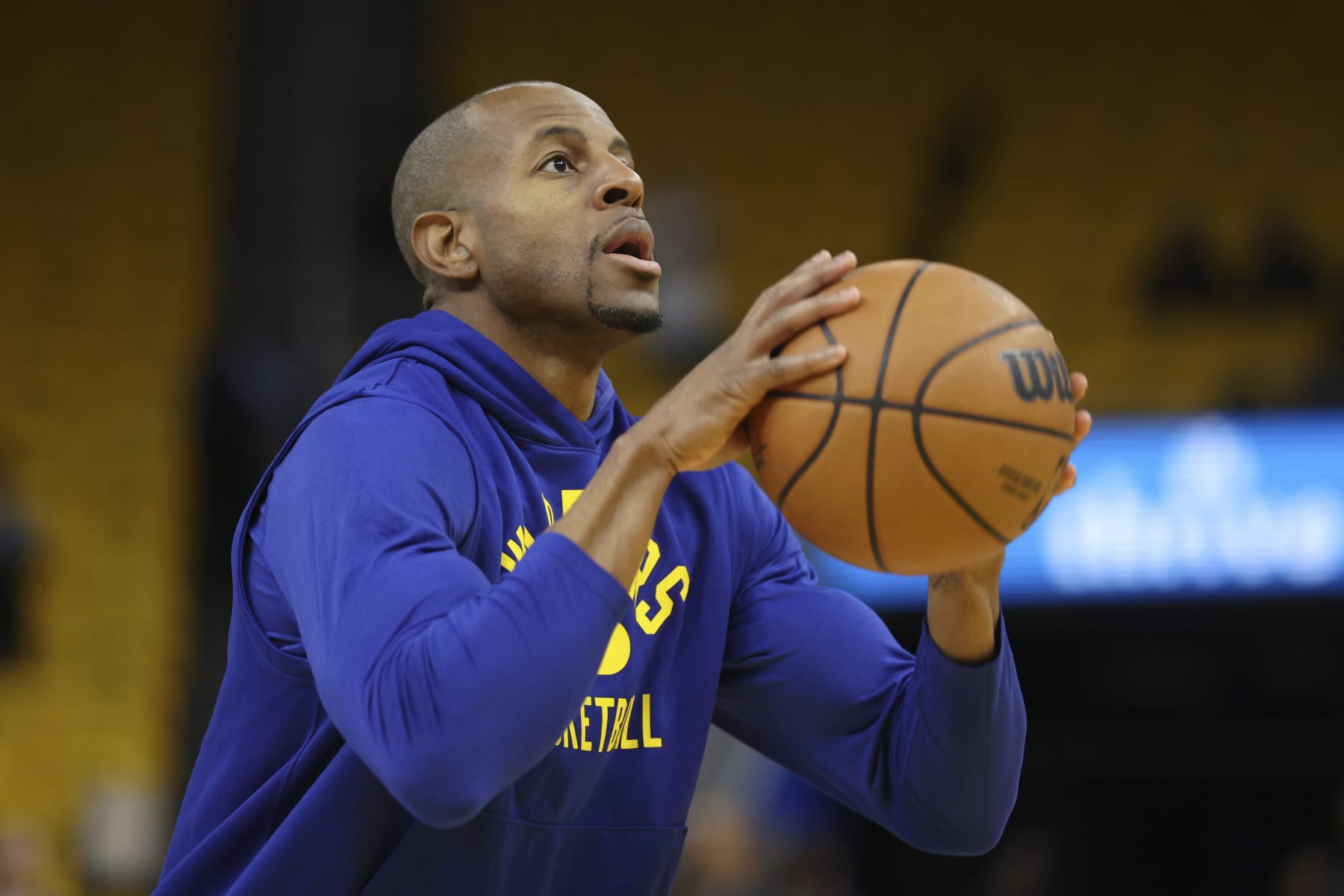 Golden State Warriors forward Andre Iguodala warms up before Game 5 of basketball's NBA Finals against the Boston Celtics in San Francisco, Monday, June 13, 2022. (AP Photo/Jed Jacobsohn)