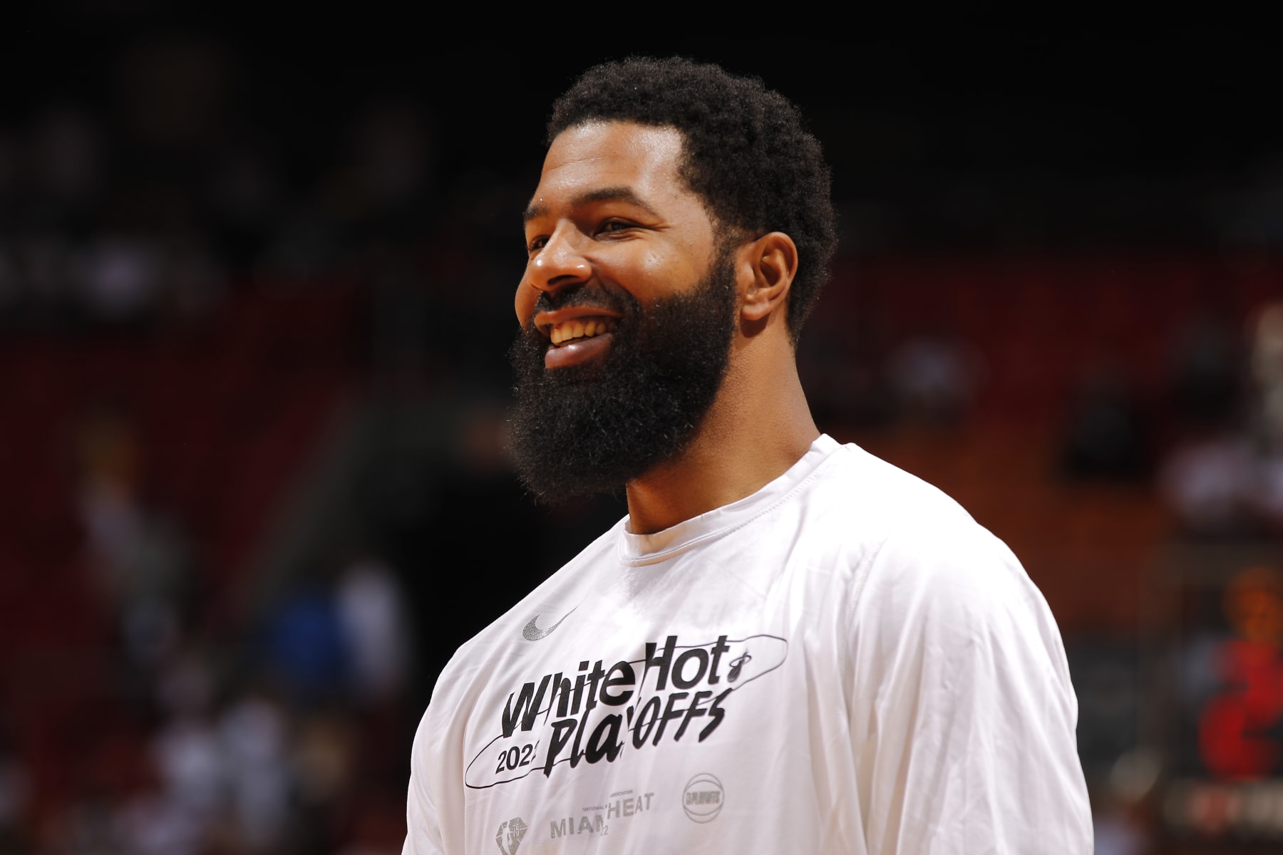 MIAMI, FL - MAY 4: Markieff Morris #8 of the Miami Heat smiles during Game 2 of the 2022 NBA Playoffs Eastern Conference Semifinals on May 4, 2022 at FTX Arena in Miami, Florida. NOTE TO USER: User expressly acknowledges and agrees that, by downloading and or using this Photograph, user is consenting to the terms and conditions of the Getty Images License Agreement. Mandatory Copyright Notice: Copyright 2022 NBAE (Photo by Issac Baldizon/NBAE via Getty Images)