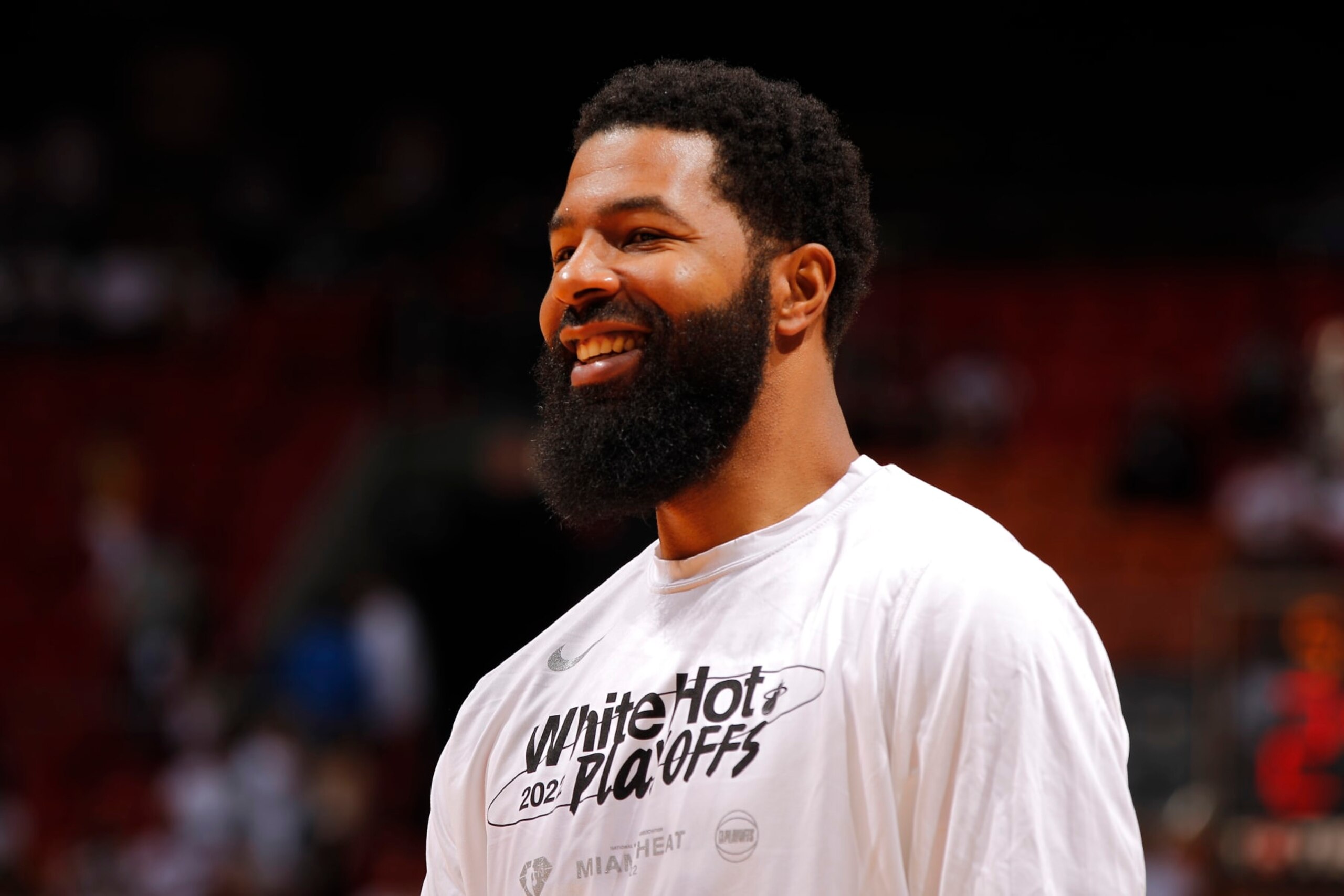 MIAMI, FL - MAY 4: Markieff Morris #8 of the Miami Heat smiles during Game 2 of the 2022 NBA Playoffs Eastern Conference Semifinals on May 4, 2022 at FTX Arena in Miami, Florida. NOTE TO USER: User expressly acknowledges and agrees that, by downloading and or using this Photograph, user is consenting to the terms and conditions of the Getty Images License Agreement. Mandatory Copyright Notice: Copyright 2022 NBAE (Photo by Issac Baldizon/NBAE via Getty Images)