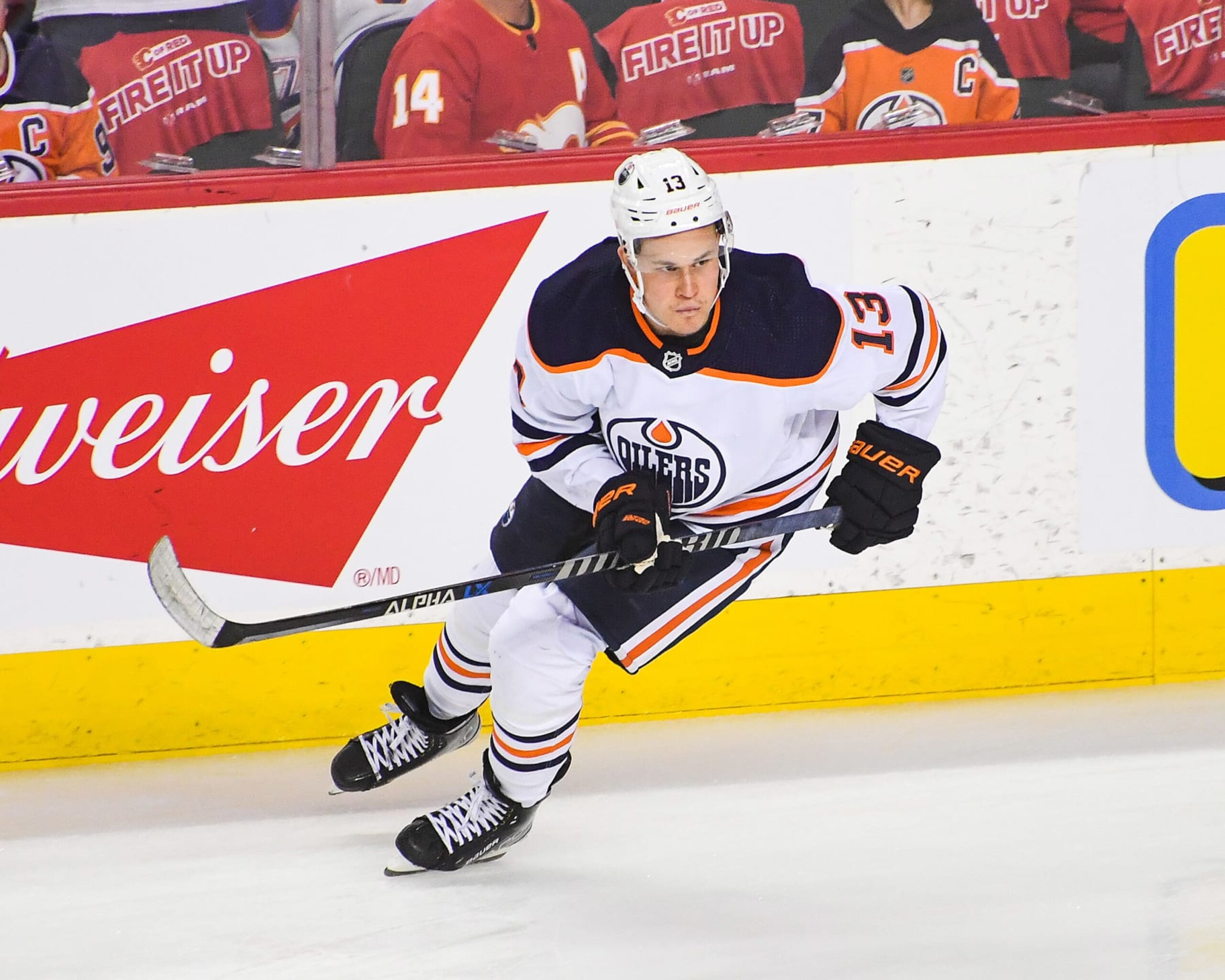 CALGARY, AB - MAY 20: Jesse Puljujarvi #13 of the Edmonton Oilers in action against the Calgary Flames during Game Two of the Second Round of the 2022 Stanley Cup Playoffs at Scotiabank Saddledome on May 20, 2022 in Calgary, Alberta, Canada. The Oilers defeated the Flames 5-3. (Photo by Derek Leung/Getty Images)