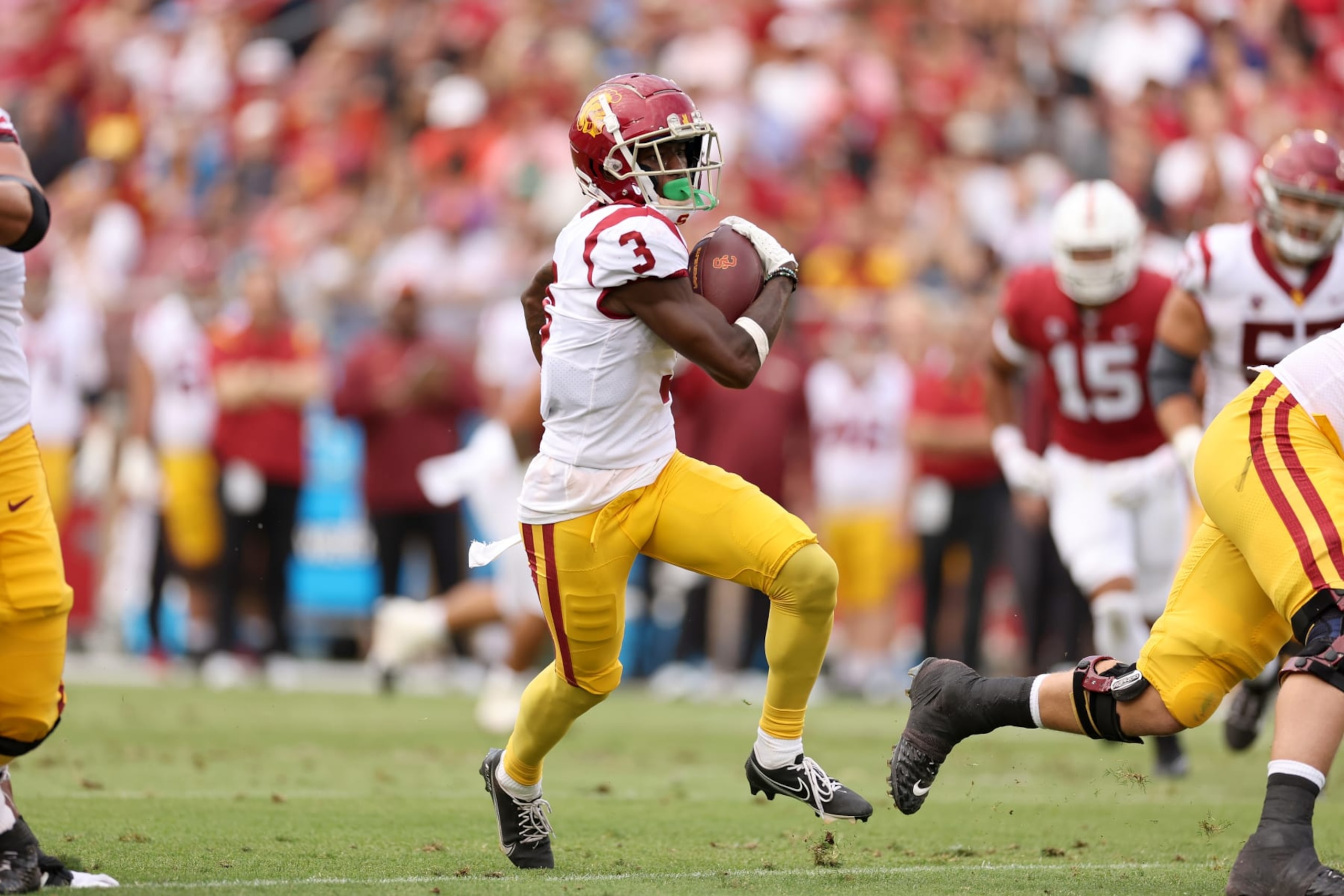 STANFORD, CALIFORNIA - SEPTEMBER 10: Jordan Addison #3 of the USC Trojans runs in for a touchdown against the Stanford Cardinal in the first half at Stanford Stadium on September 10, 2022 in Stanford, California. (Photo by Ezra Shaw/Getty Images)