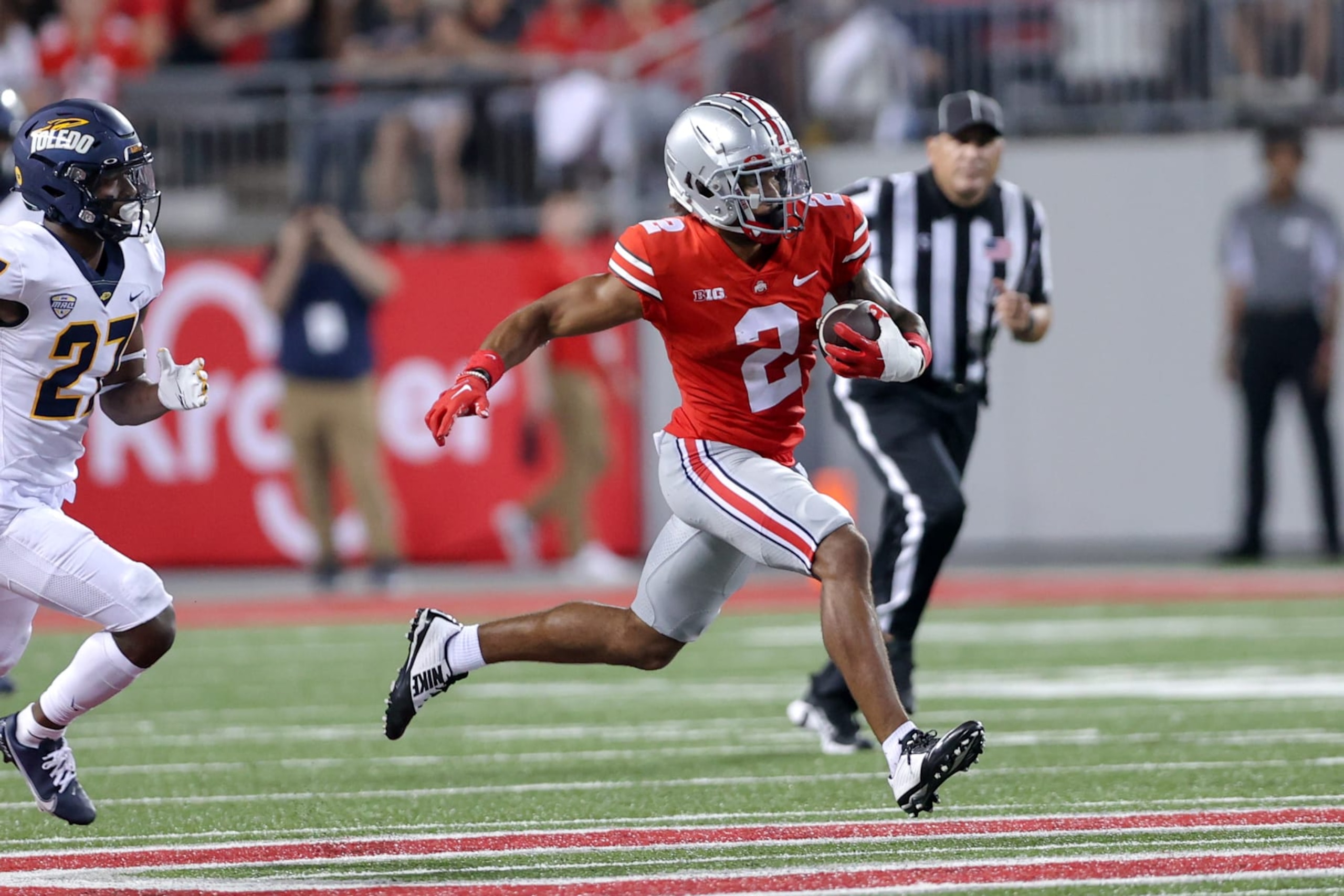 COLUMBUS, OH - SEPTEMBER 17: Ohio State Buckeyes wide receiver Emeka Egbuka (2) runs after making a catch during the third quarter of the college football game between the Toledo Rockets and Ohio State Buckeyes on September 17, 2022, at Ohio Stadium in Columbus, OH. (Photo by Frank Jansky/Icon Sportswire via Getty Images)