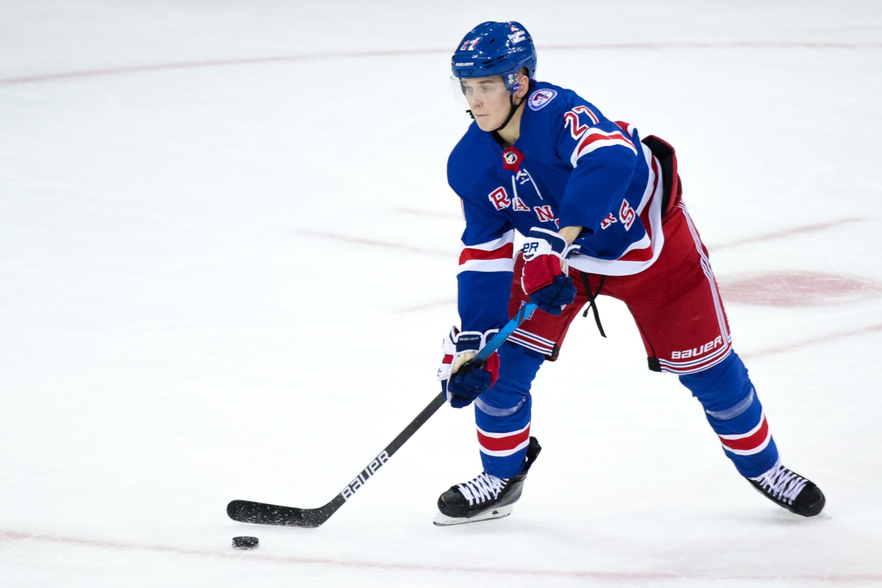 NEW YORK, NY - JANUARY 02: New York Rangers Defenseman Nils Lundkvist (27) in action during the third period of the National Hockey League game between the Tampa Bay Lightning and the New York Rangers on January 2, 2022 at Madison Square Garden in New York, NY. (Photo by Joshua Sarner/Icon Sportswire via Getty Images)