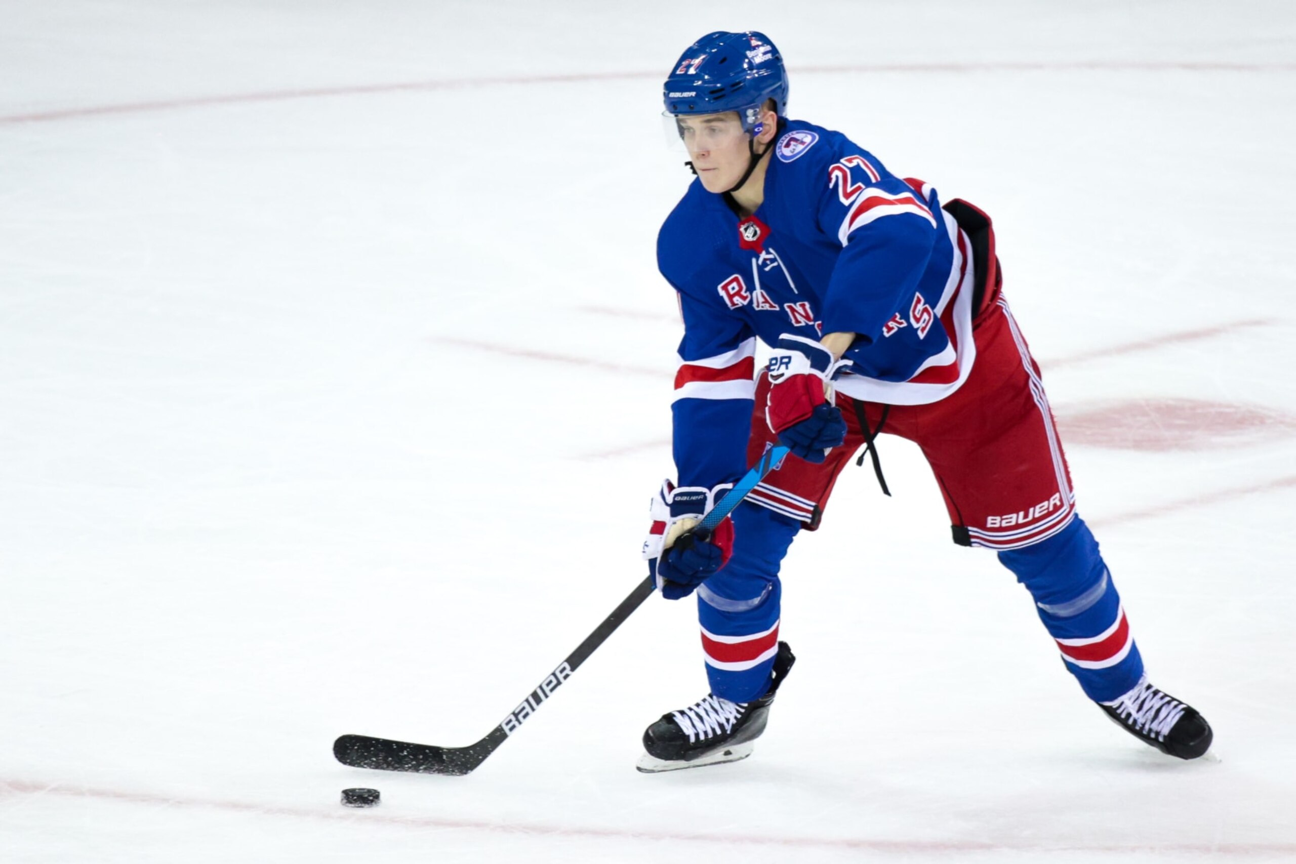 NEW YORK, NY - JANUARY 02: New York Rangers Defenseman Nils Lundkvist (27) in action during the third period of the National Hockey League game between the Tampa Bay Lightning and the New York Rangers on January 2, 2022 at Madison Square Garden in New York, NY. (Photo by Joshua Sarner/Icon Sportswire via Getty Images)