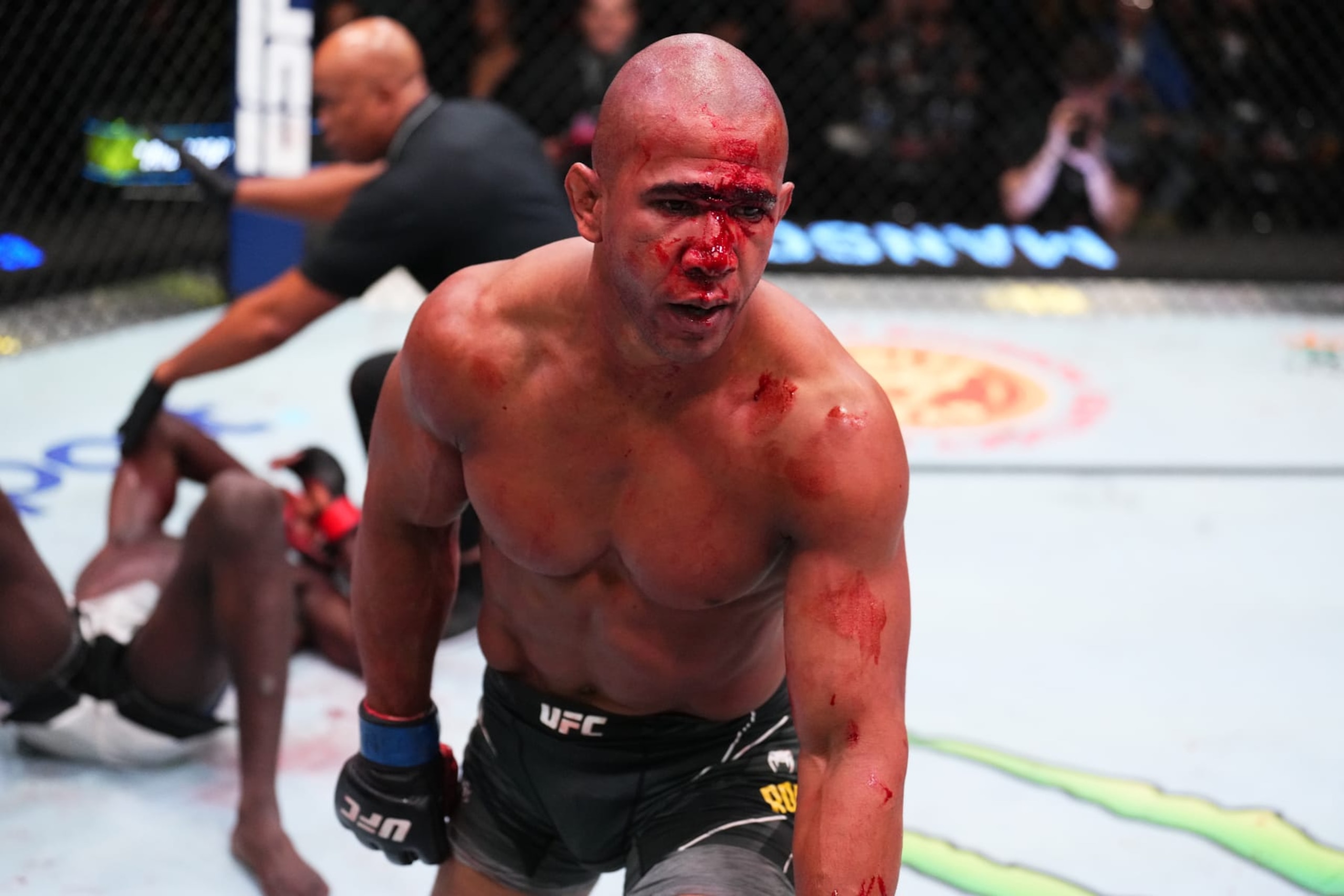 LAS VEGAS, NEVADA - SEPTEMBER 17: (R-L) Gregory Rodrigues of Brazil reacts after defeating Chidi Njokuani in a middleweight fight during the UFC Fight Night event at UFC APEX on September 17, 2022 in Las Vegas, Nevada. (Photo by Chris Unger/Zuffa LLC)