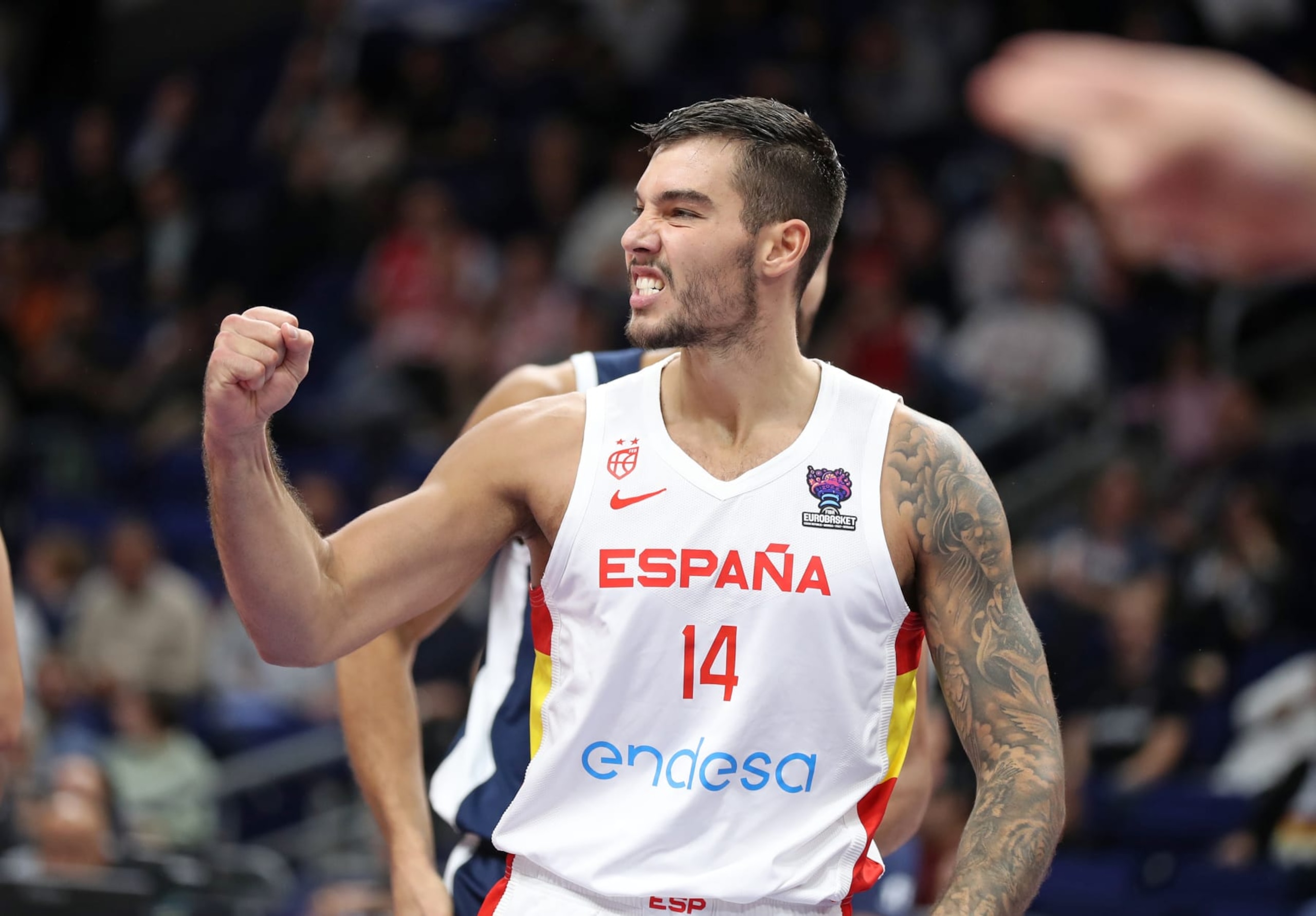 BERLIN, GERMANY - SEPTEMBER 18: Willy Hernan Gomez of Spain reacts during the FIBA EuroBasket 2022 final match between Spain v France at EuroBasket Arena Berlin on September 18, 2022 in Berlin, Germany. (Photo by Christina Pahnke - sampics/Corbis via Getty Images)