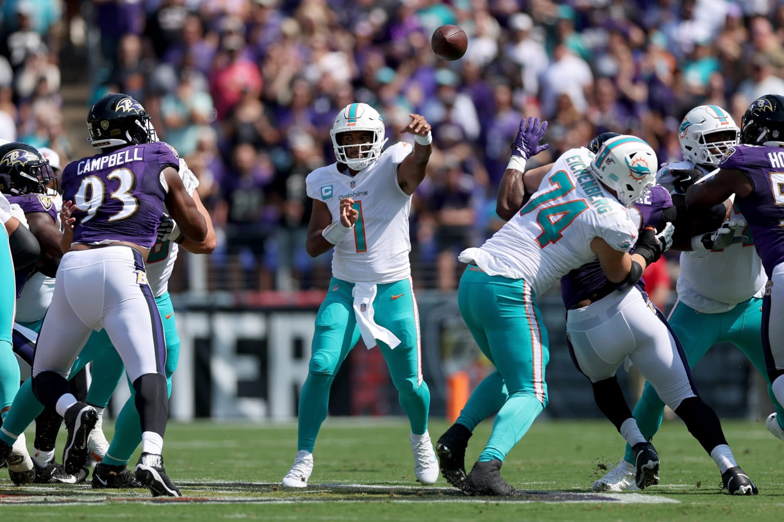 BALTIMORE, MARYLAND - SEPTEMBER 18: Tua Tagovailoa #1 of the Miami Dolphins throws a pass in the first quarter against the Baltimore Ravens at M&T Bank Stadium on September 18, 2022 in Baltimore, Maryland. (Photo by Patrick Smith/Getty Images) BALTIMORE, MARYLAND - SEPTEMBER 18: Tua Tagovailoa #1 of the Miami Dolphins throws a pass in the first quarter against the Baltimore Ravens at M&T Bank Stadium on September 18, 2022 in Baltimore, Maryland. (Photo by Patrick Smith/Getty Images)
