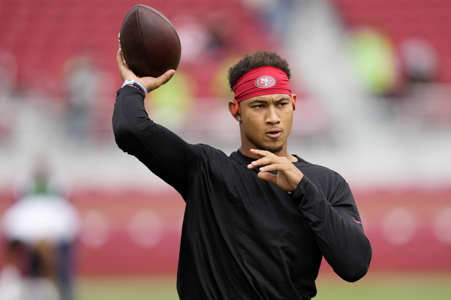 SANTA CLARA, CALIFORNIA - SEPTEMBER 18: Trey Lance #5 of the San Francisco 49ers during warmups before the game against the Seattle Seahawks at Levi's Stadium on September 18, 2022 in Santa Clara, California. (Photo by Thearon W. Henderson/Getty Images)