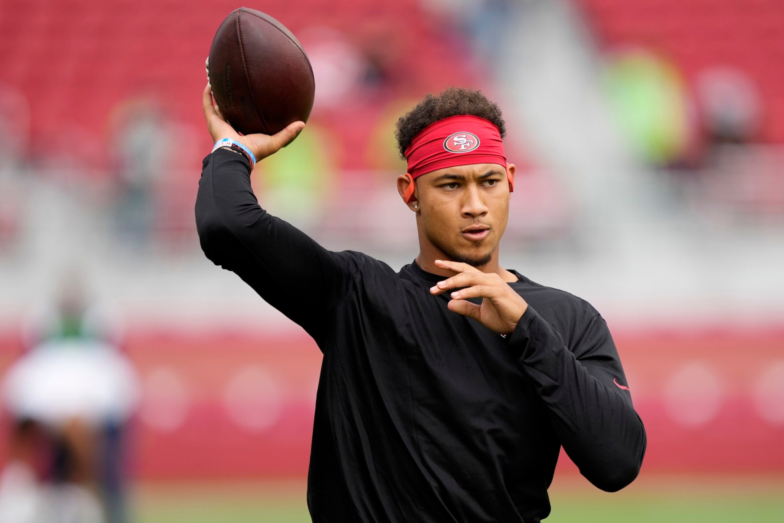 SANTA CLARA, CALIFORNIA - SEPTEMBER 18: Trey Lance #5 of the San Francisco 49ers during warmups before the game against the Seattle Seahawks at Levi's Stadium on September 18, 2022 in Santa Clara, California. (Photo by Thearon W. Henderson/Getty Images)