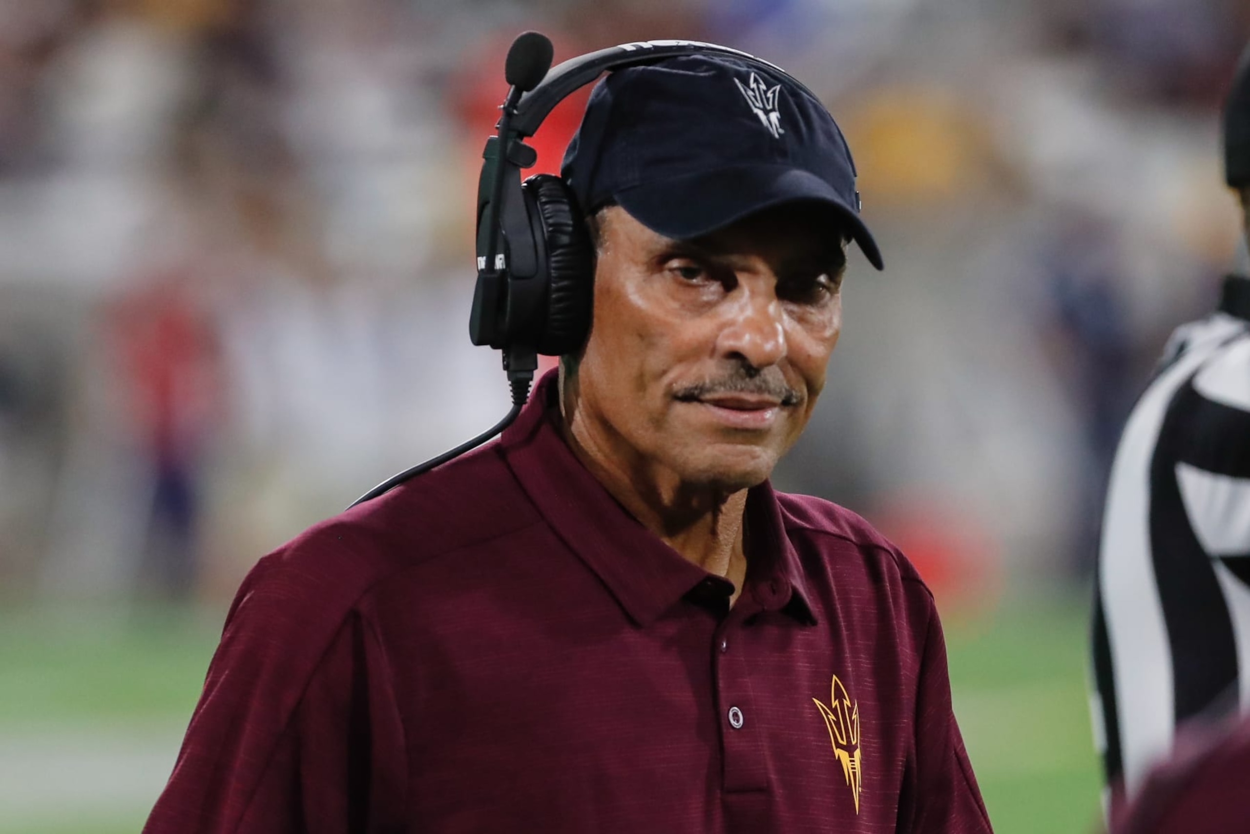 TEMPE, AZ - SEPTEMBER 01: Arizona State Sun Devils head coach Herm Edwards looks on during the college football game between the Northern Arizona Lumberjacks and the Arizona State Sun Devils on September 1, 2022 at Sun Devil Stadium in Tempe, Arizona. (Photo by Kevin Abele/Icon Sportswire via Getty Images) TEMPE, AZ - SEPTEMBER 01: Arizona State Sun Devils head coach Herm Edwards looks on during the college football game between the Northern Arizona Lumberjacks and the Arizona State Sun Devils on September 1, 2022 at Sun Devil Stadium in Tempe, Arizona. (Photo by Kevin Abele/Icon Sportswire via Getty Images)