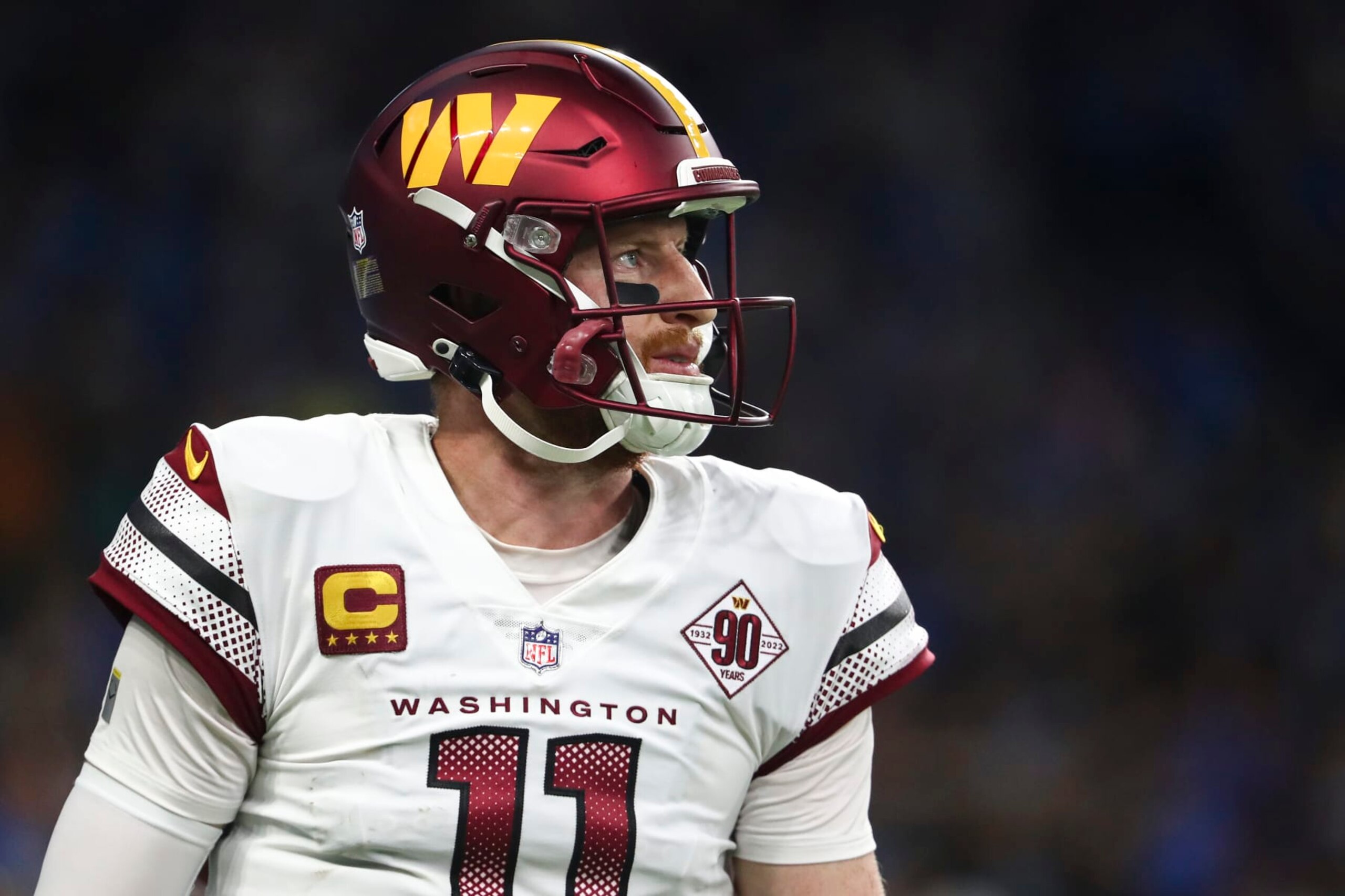 DETROIT, MI - SEPTEMBER 18: Carson Wentz #11 of the Washington Commanders looks on during an NFL football game against the Detroit Lions at Ford Field on September 18, 2022 in Detroit, Michigan. (Photo by Kevin Sabitus/Getty Images)