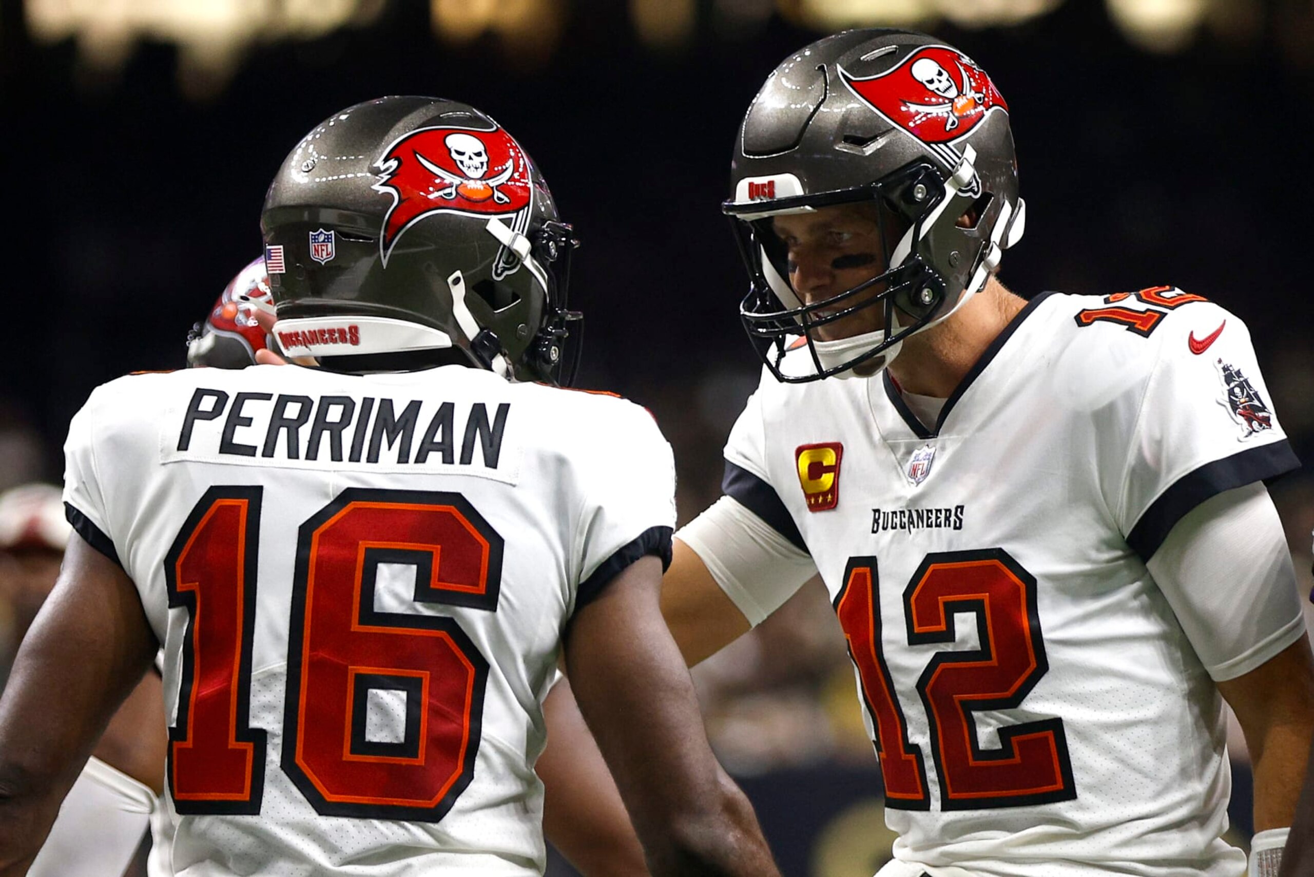 NEW ORLEANS, LOUISIANA - SEPTEMBER 18: Tom Brady #12 of the Tampa Bay Buccaneers reacts after Breshad Perriman #16 of the Tampa Bay Buccaneers catches the touchdown pass in the fourth quarter of the game against the New Orleans Saints at Caesars Superdome on September 18, 2022 in New Orleans, Louisiana. (Photo by Chris Graythen/Getty Images) NEW ORLEANS, LOUISIANA - SEPTEMBER 18: Tom Brady #12 of the Tampa Bay Buccaneers reacts after Breshad Perriman #16 of the Tampa Bay Buccaneers catches the touchdown pass in the fourth quarter of the game against the New Orleans Saints at Caesars Superdome on September 18, 2022 in New Orleans, Louisiana. (Photo by Chris Graythen/Getty Images)
