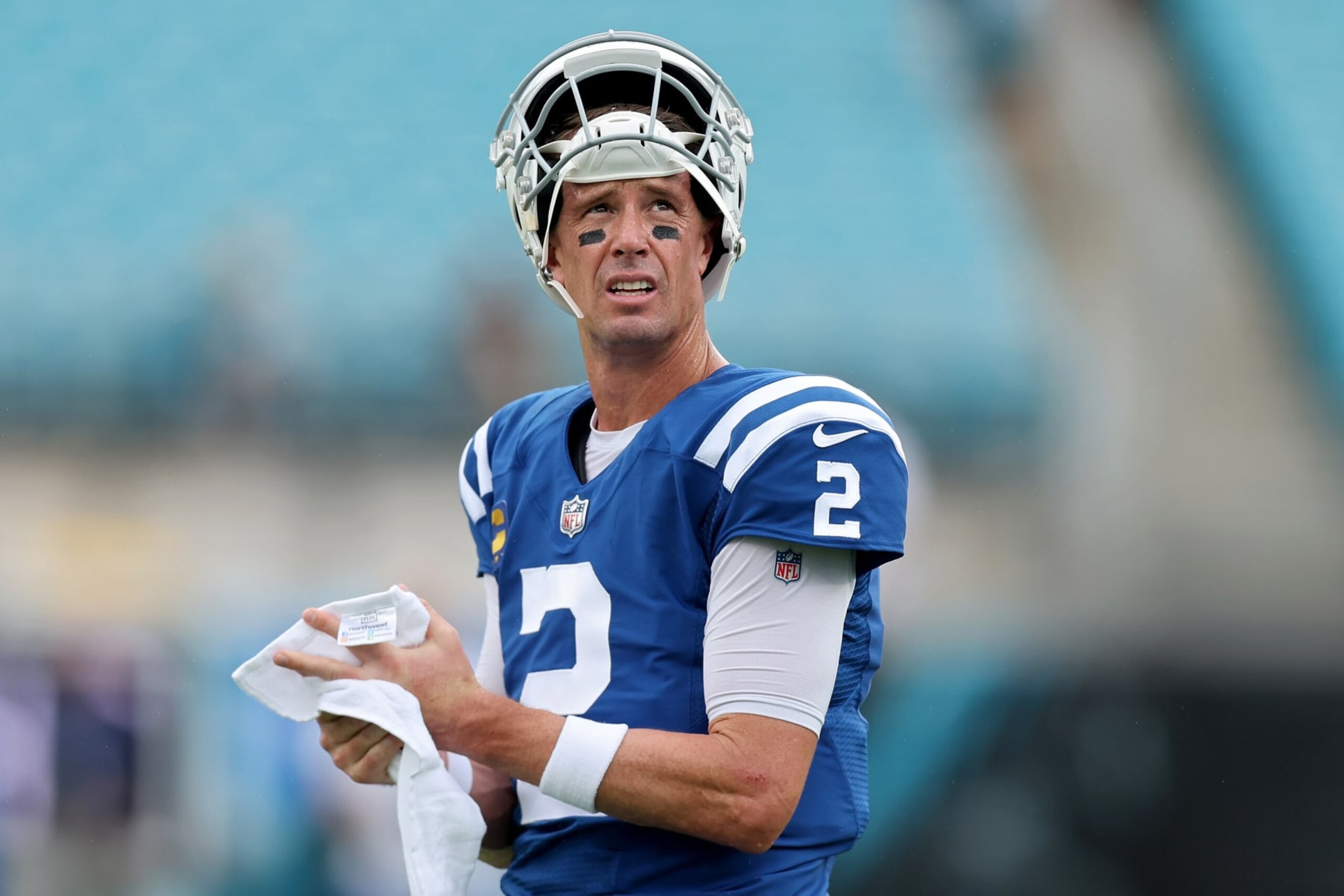 JACKSONVILLE, FLORIDA - SEPTEMBER 18: Matt Ryan #2 of the Indianapolis Colts looks on before a game against the Jacksonville Jaguars at TIAA Bank Field on September 18, 2022 in Jacksonville, Florida. (Photo by Mike Carlson/Getty Images)