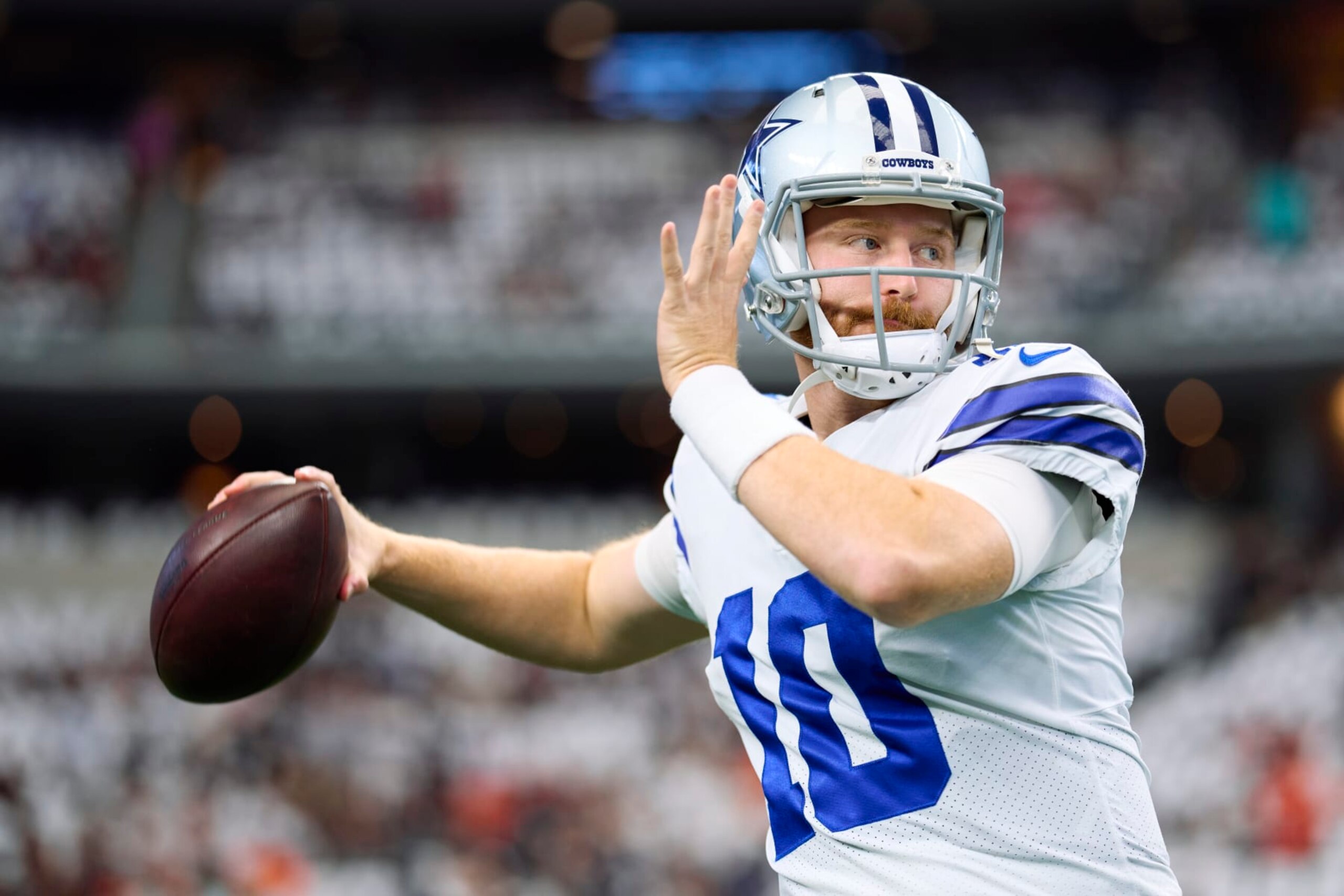 ARLINGTON, TX - SEPTEMBER 18: Cooper Rush #10 of the Dallas Cowboys warms up before kickoff against the Cincinnati Bengals at AT&T Stadium on September 18, 2022 in Arlington, Texas. (Photo by Cooper Neill/Getty Images)