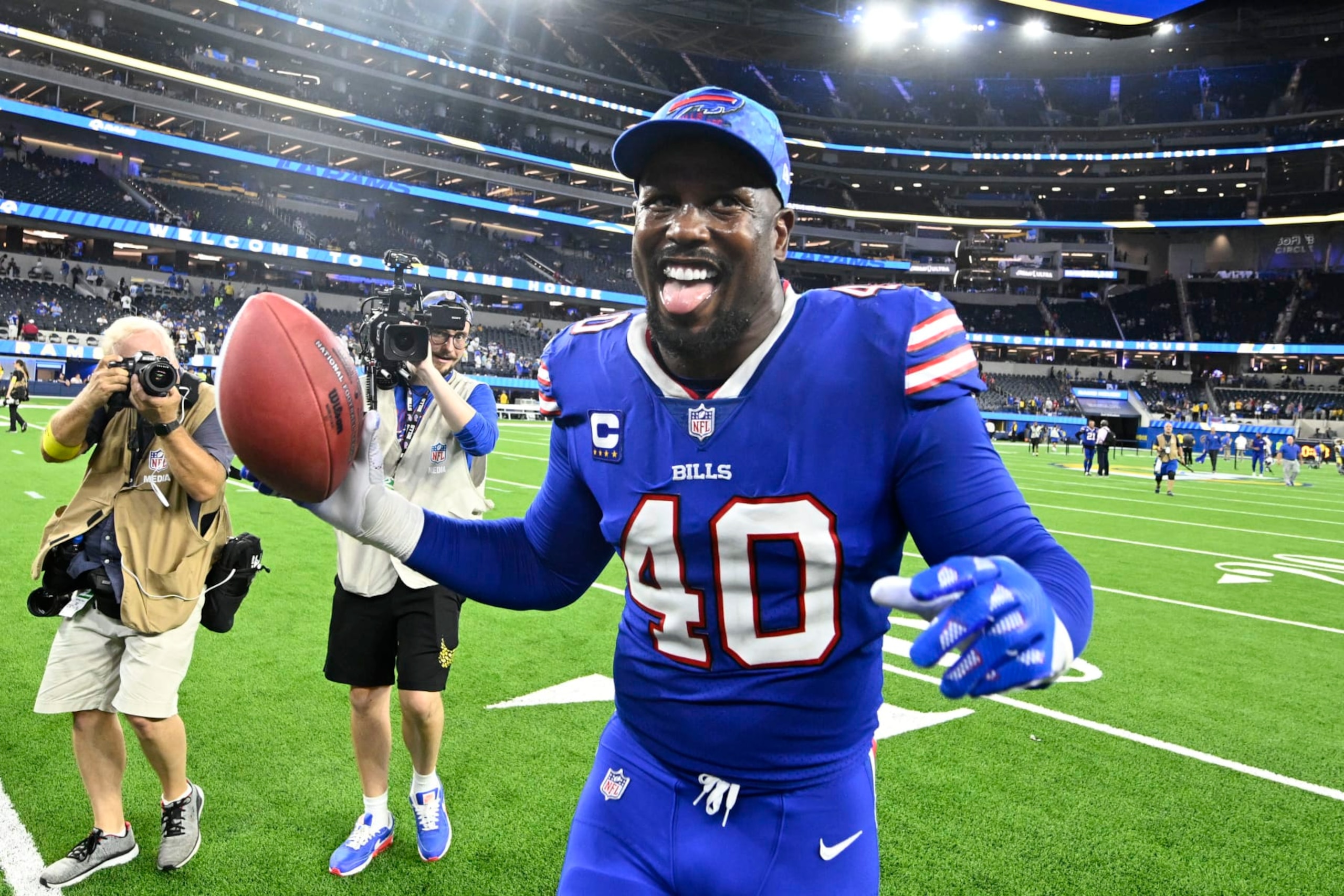 Buffalo Bills linebacker Von Miller (40) celebrates after an NFL football game against the Los Angeles Rams Sept. 8, 2022, in Inglewood, Calif. (AP Photo/Denis Poroy) Buffalo Bills linebacker Von Miller (40) celebrates after an NFL football game against the Los Angeles Rams Sept. 8, 2022, in Inglewood, Calif. (AP Photo/Denis Poroy)