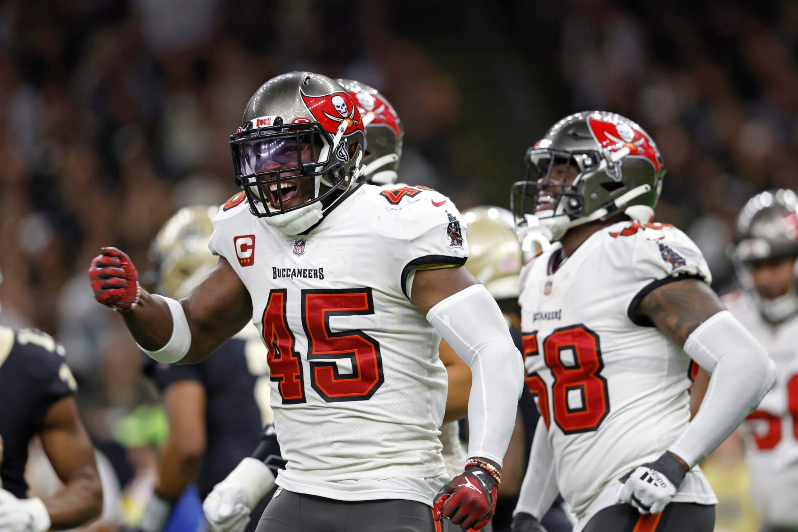 Tampa Bay Buccaneers linebacker Devin White (45) reacts after a play during an NFL football game against the New Orleans Saints, Sunday, Sept. 18, 2022, in New Orleans. (AP Photo/Tyler Kaufman) Tampa Bay Buccaneers linebacker Devin White (45) reacts after a play during an NFL football game against the New Orleans Saints, Sunday, Sept. 18, 2022, in New Orleans. (AP Photo/Tyler Kaufman)