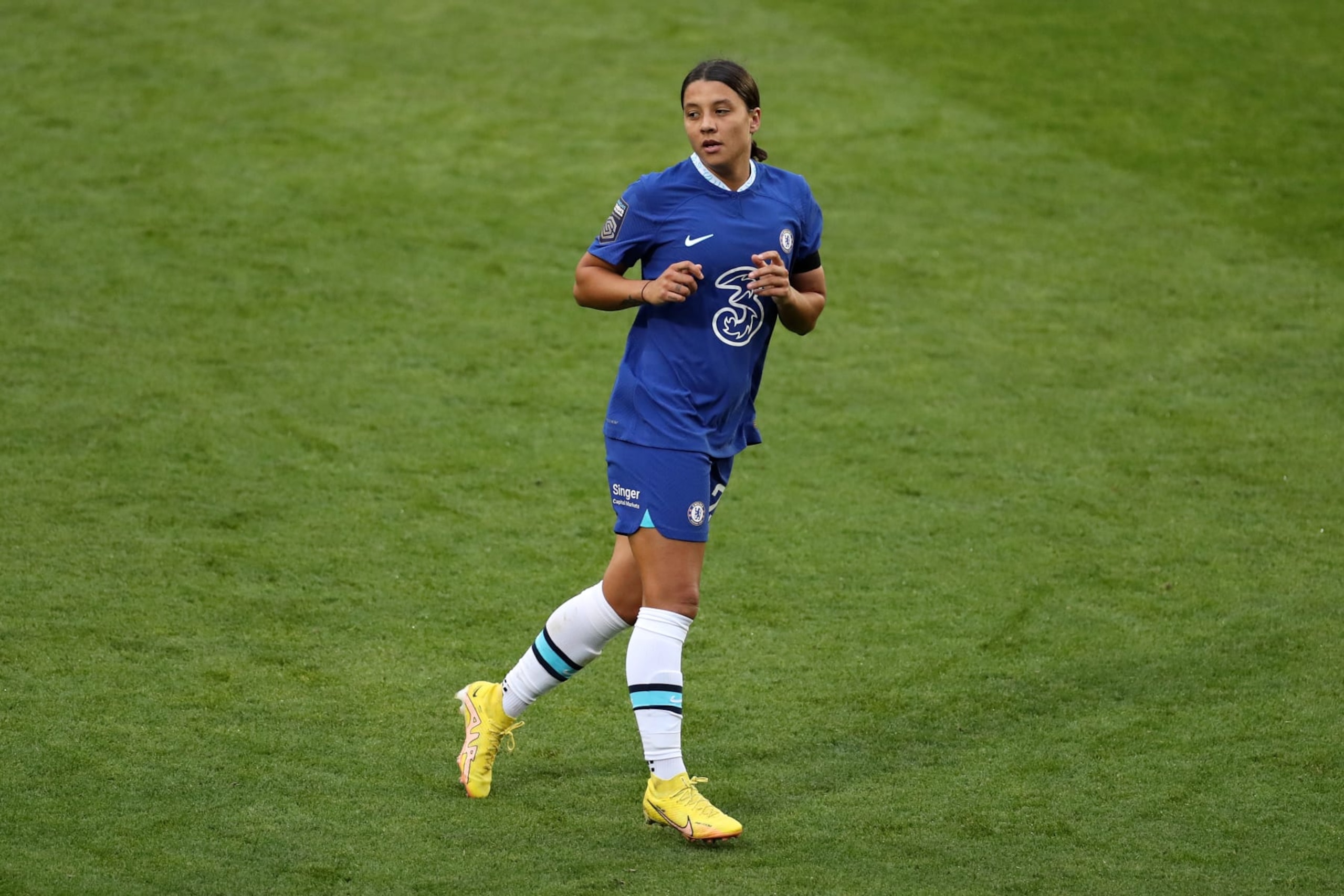 BIRKENHEAD, ENGLAND - SEPTEMBER 18: Sam Kerr of Chelsea looks on during the FA Women's Super League match between Liverpool FC Women and Chelsea FC Women at Prenton Park on September 18, 2022 in Birkenhead, England. (Photo by Lewis Storey/Getty Images)
