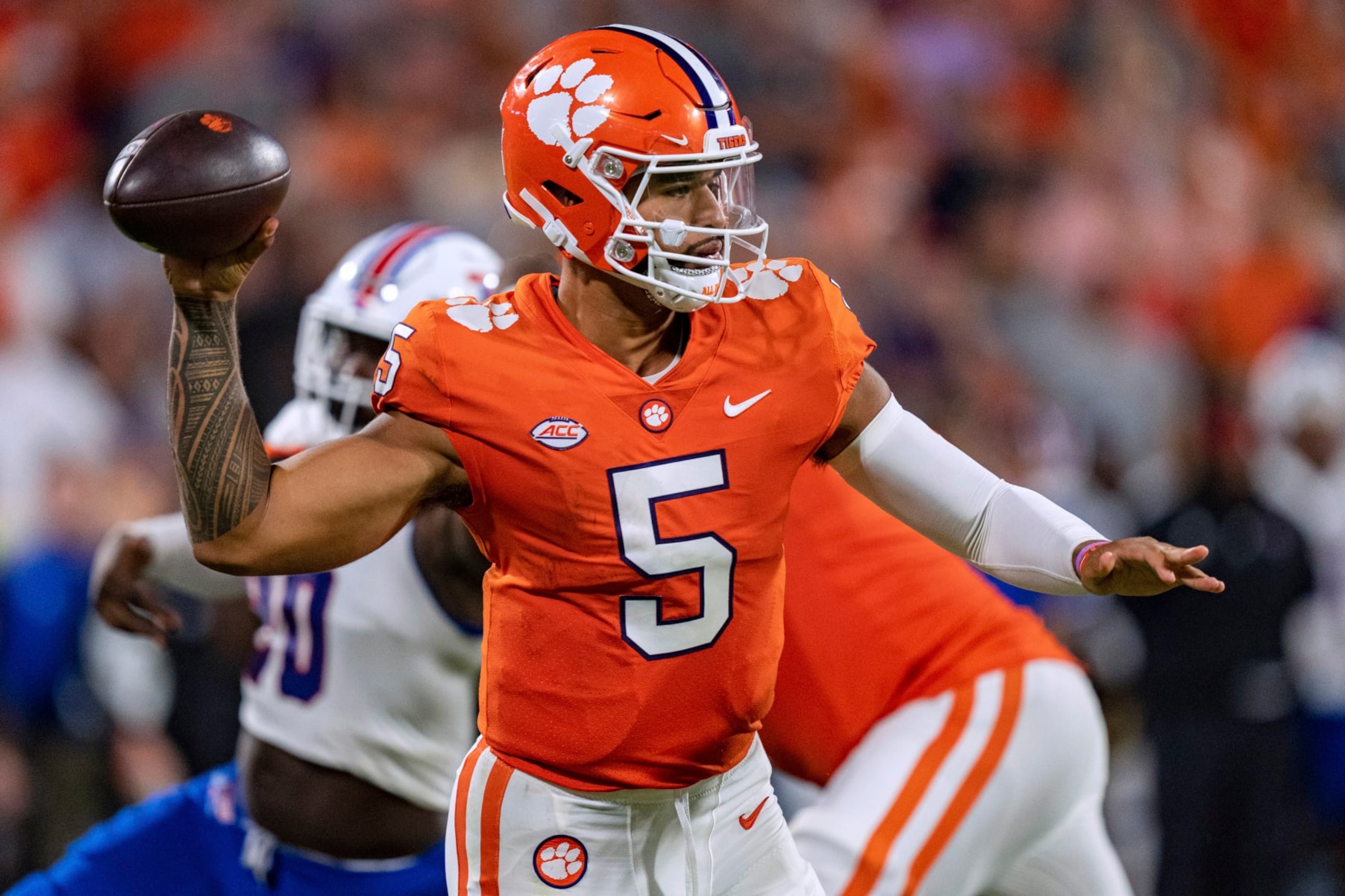 Clemson quarterback DJ Uiagalelei throws a pass during the first half of the team's NCAA college football game against Louisiana Tech on Saturday, Sept. 17, 2022, in Clemson, S.C. (AP Photo/Jacob Kupferman)