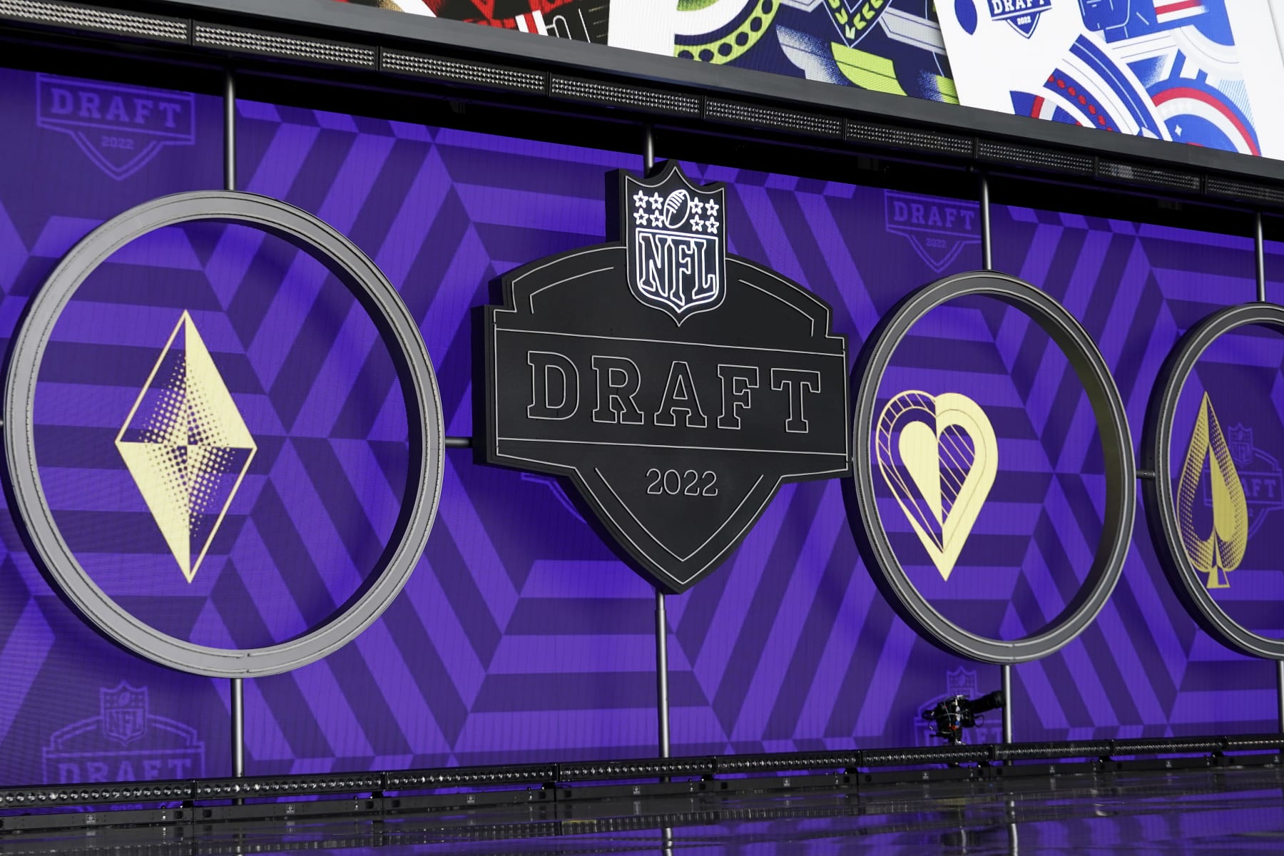 A general view of the NFL Draft 2022 logo in the NFL Draft Theater, Wednesday, April 27, 2022, in Las Vegas. The 2022 NFL Draft will be held April 28-April 30. (AP Photo/Steve Luciano)