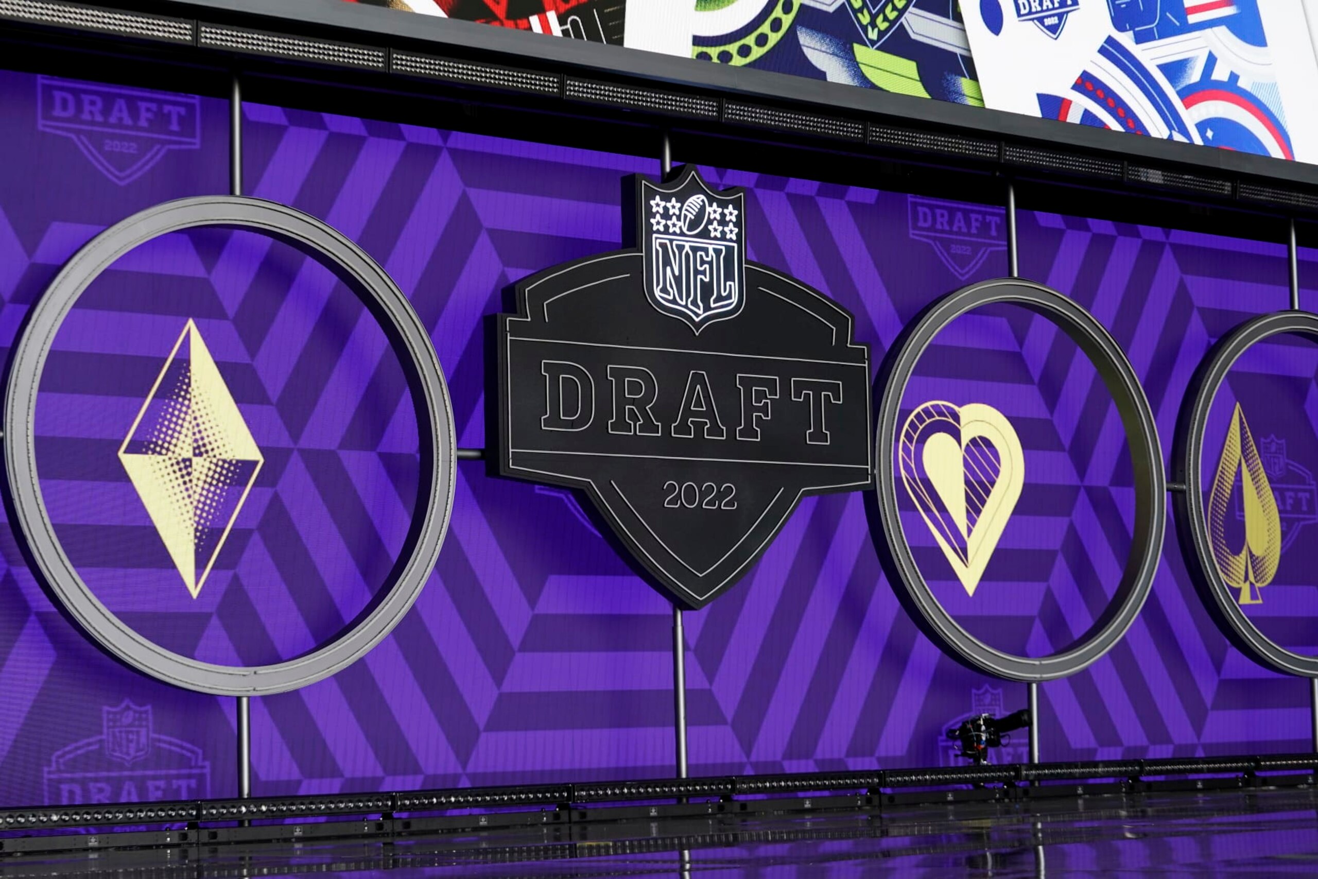 A general view of the NFL Draft 2022 logo in the NFL Draft Theater, Wednesday, April 27, 2022, in Las Vegas. The 2022 NFL Draft will be held April 28-April 30. (AP Photo/Steve Luciano)