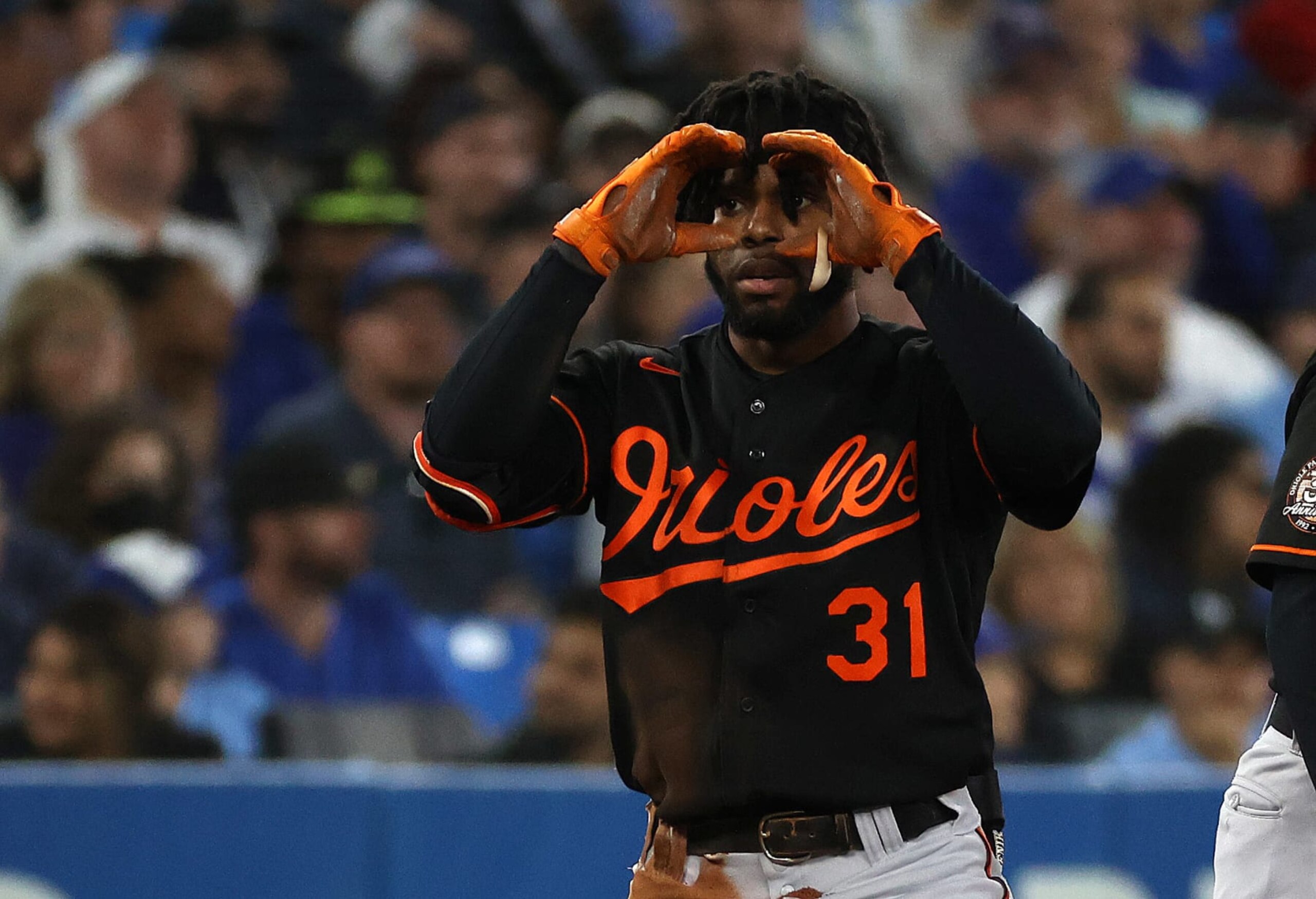 TORONTO, ON - SEPTEMBER 16  - Baltimore Orioles center fielder Cedric Mullins (31) celebrates a triple as the Toronto Blue Jays play the Baltimore Orioles at Rogers Centre in Toronto. September 16, 2022.        (Steve Russell/Toronto Star via Getty Images)