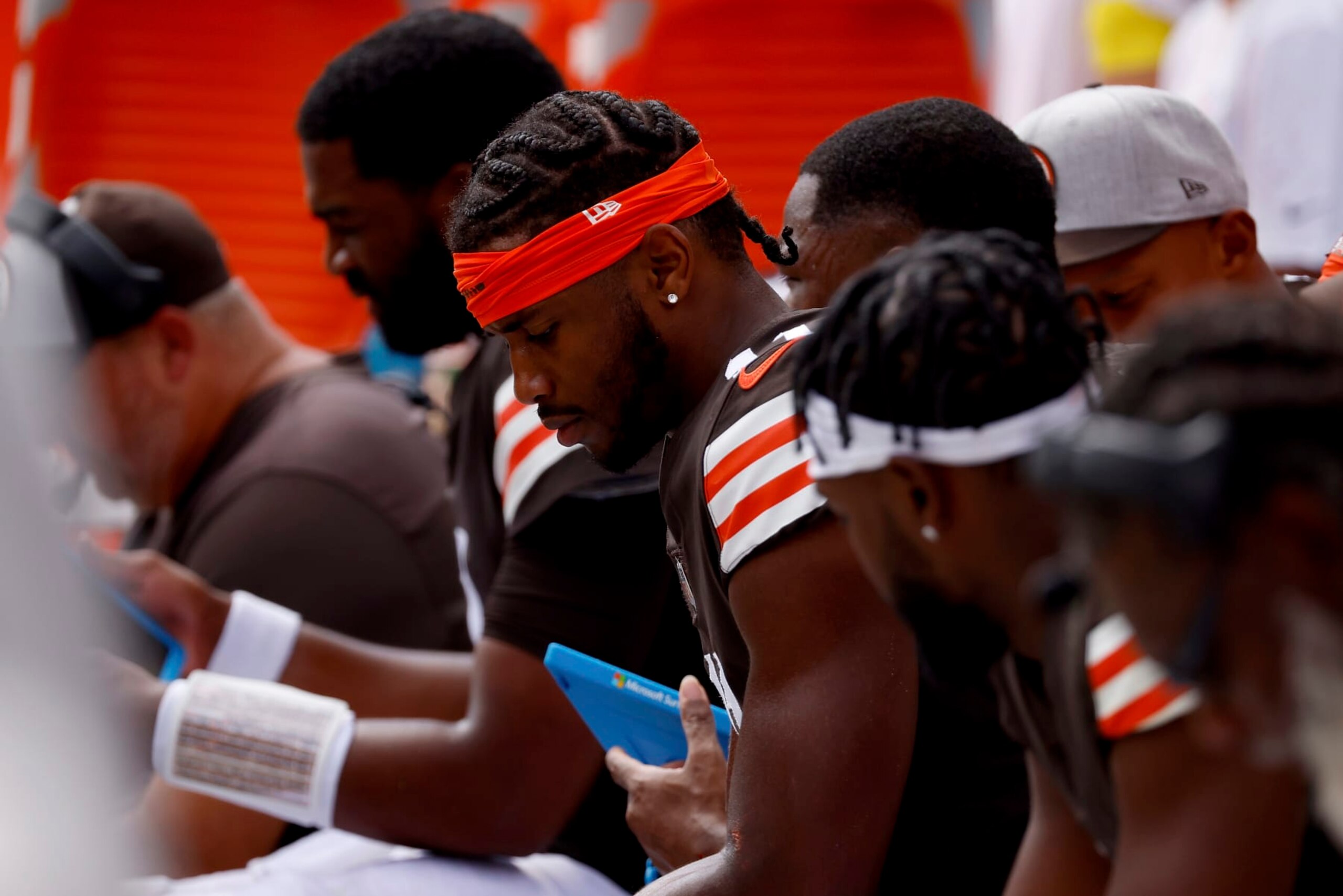 Cleveland Browns wide receiver Donovan Peoples-Jones (11) sits on the bench during an NFL football game against the New York Jets, Sunday, Sept. 18, 2022, in Cleveland. (AP Photo/Kirk Irwin)