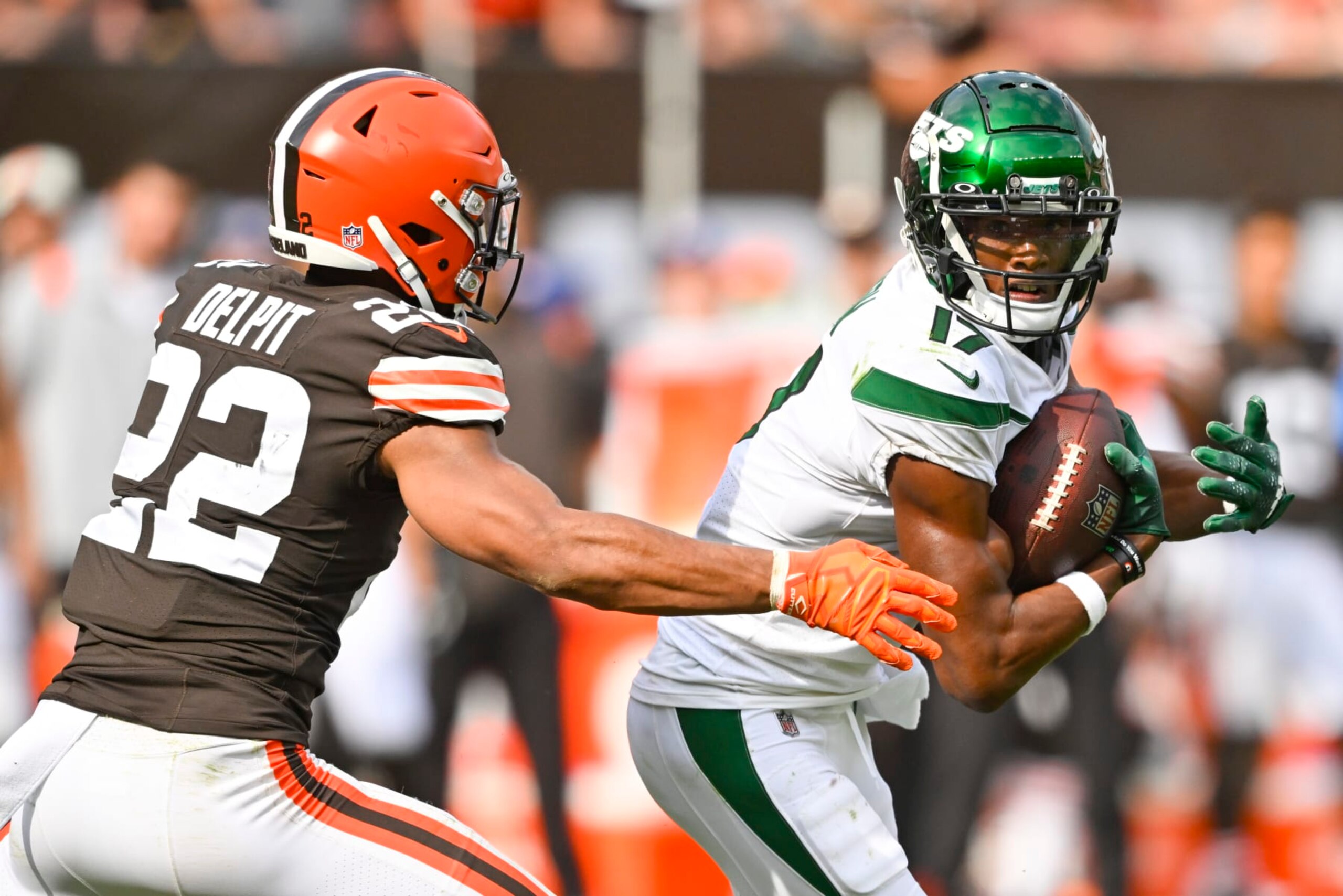 Cleveland Browns safety Grant Delpit (22) chases after New York Jets wide receiver Garrett Wilson after he made a catch and then took it in for a touchdown during the second half of an NFL football game, Sunday, Sept. 18, 2022, in Cleveland. The Jets won 31-30. (AP Photo/David Richard)