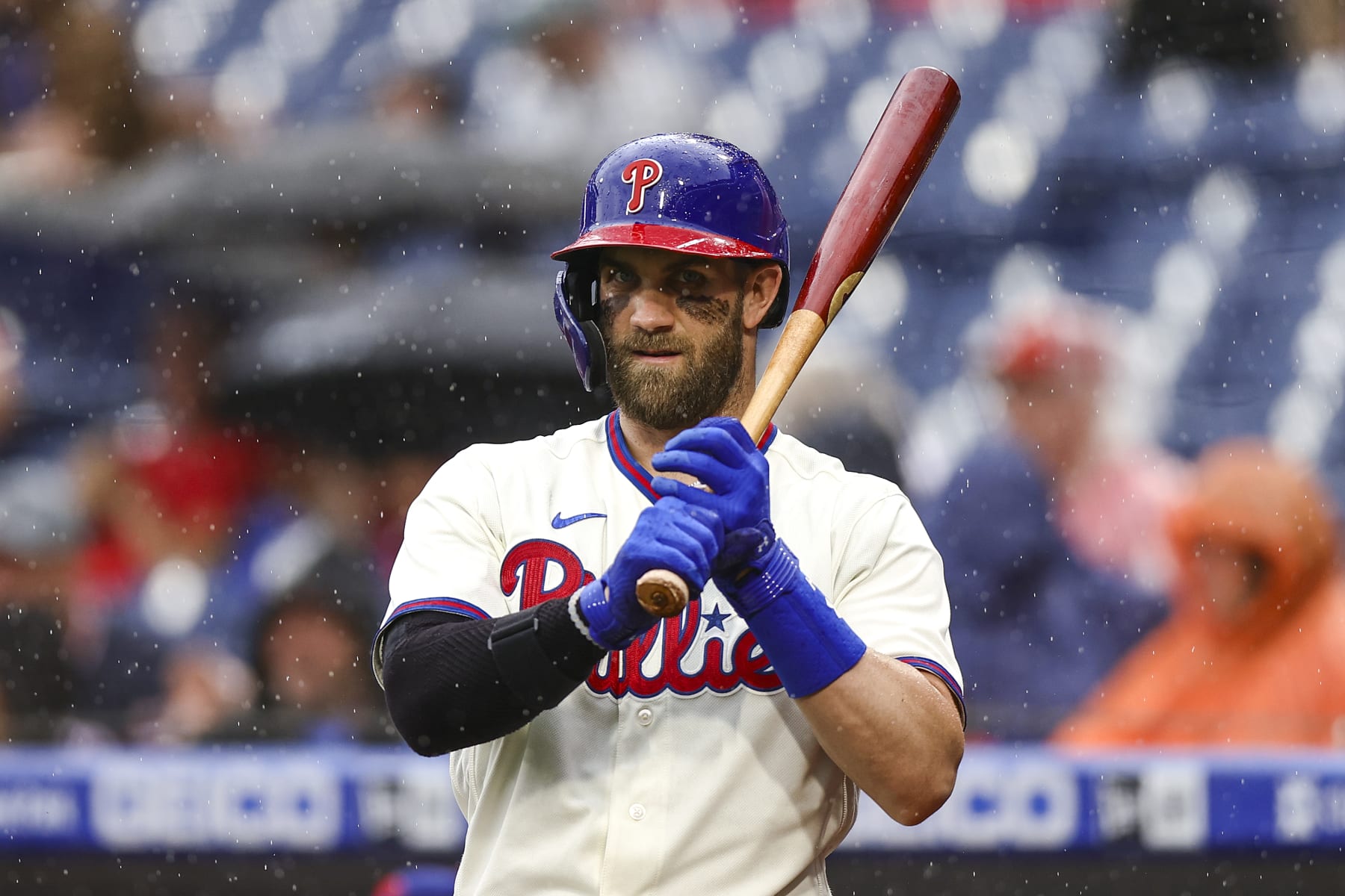 PHILADELPHIA, PENNSYLVANIA - SEPTEMBER 11: Bryce Harper #3 of the Philadelphia Phillies looks on during the second inning against the Washington Nationals at Citizens Bank Park on September 11, 2022 in Philadelphia, Pennsylvania. (Photo by Tim Nwachukwu/Getty Images)