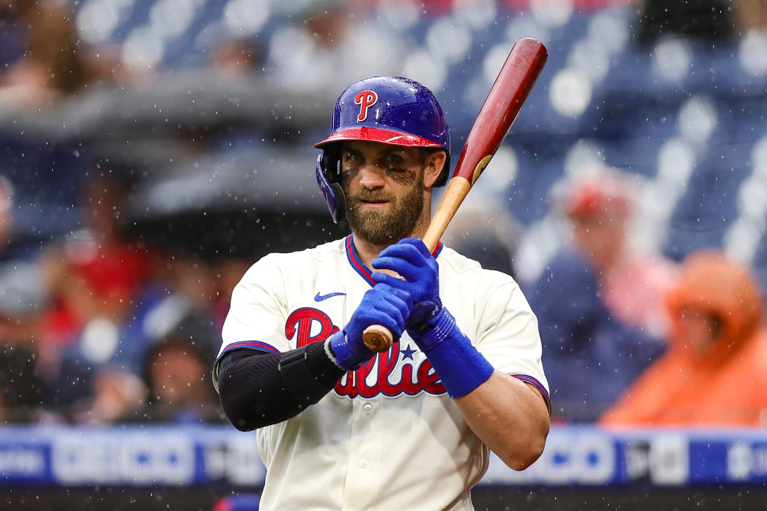 PHILADELPHIA, PENNSYLVANIA - SEPTEMBER 11: Bryce Harper #3 of the Philadelphia Phillies looks on during the second inning against the Washington Nationals at Citizens Bank Park on September 11, 2022 in Philadelphia, Pennsylvania. (Photo by Tim Nwachukwu/Getty Images)