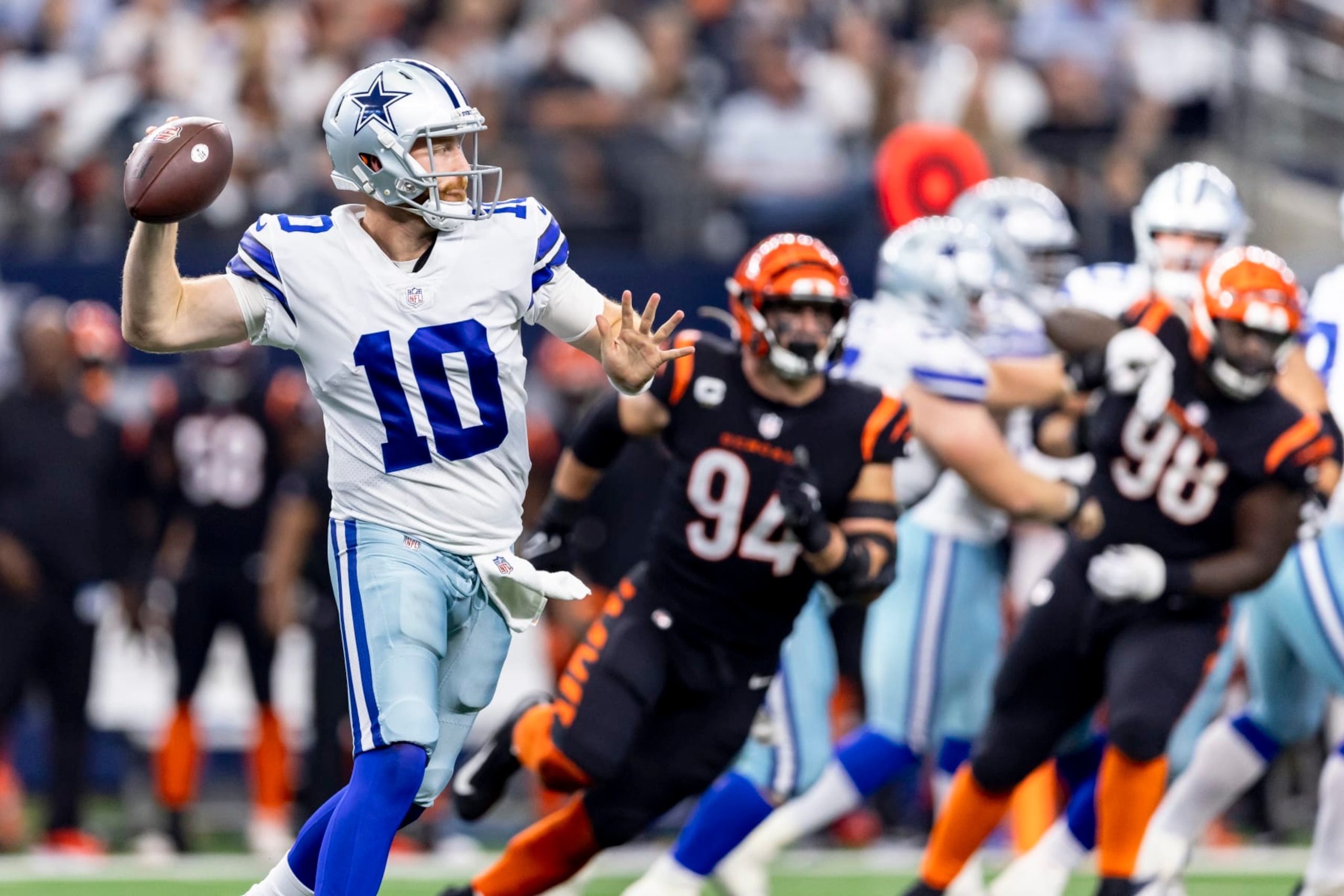 Dallas Cowboys quarterback Cooper Rush (10) throws during an NFL football game against the Cincinnati Bengals, Sunday, Sept. 18, 2022, in Arlington, Texas. Dallas won 20-17. (AP Photo/Brandon Wade)