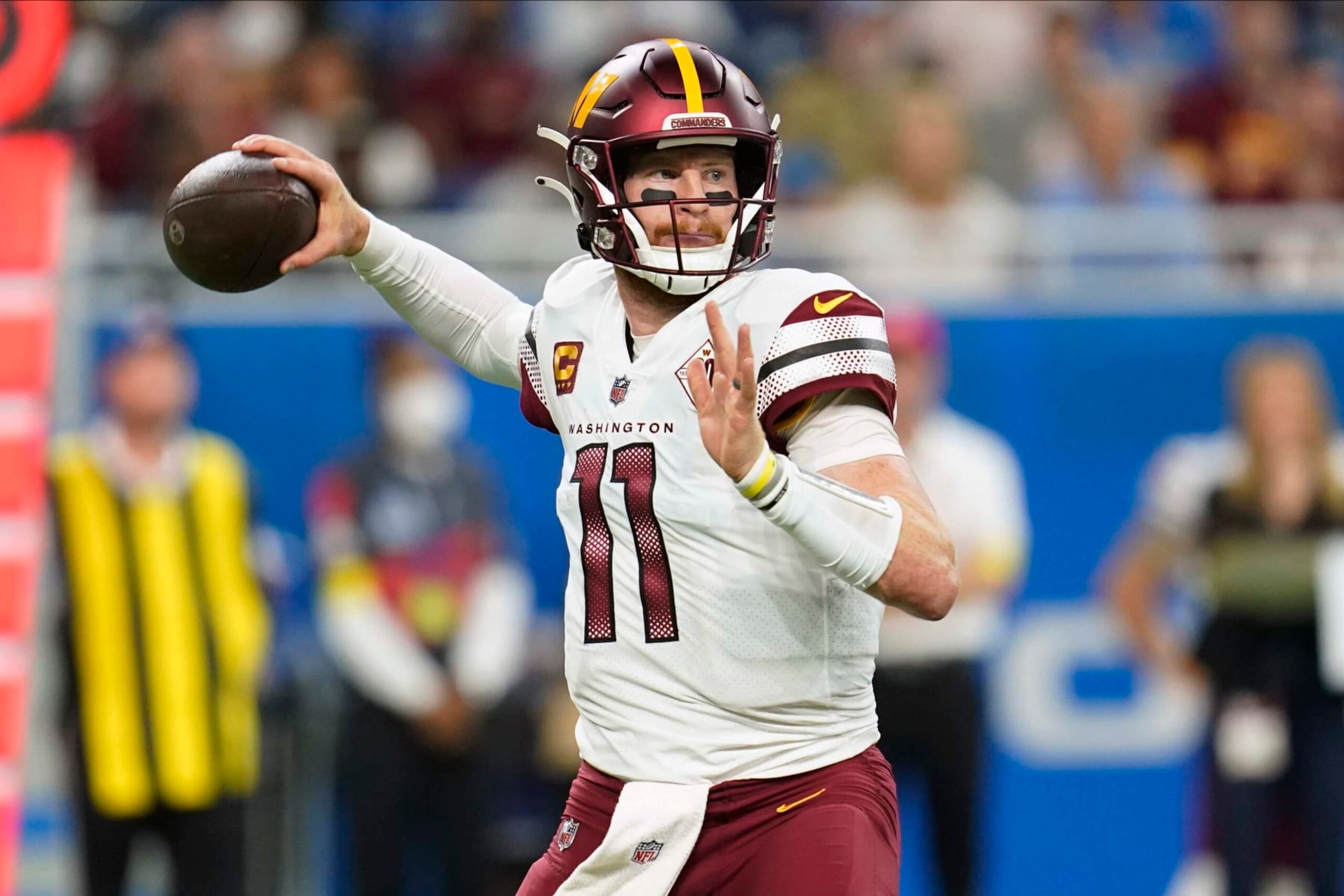 Washington Commanders quarterback Carson Wentz (11) throws a pass during the first half of an NFL football game against the Detroit Lions Sunday, Sept. 18, 2022, in Detroit. (AP Photo/Paul Sancya) Washington Commanders quarterback Carson Wentz (11) throws a pass during the first half of an NFL football game against the Detroit Lions Sunday, Sept. 18, 2022, in Detroit. (AP Photo/Paul Sancya)
