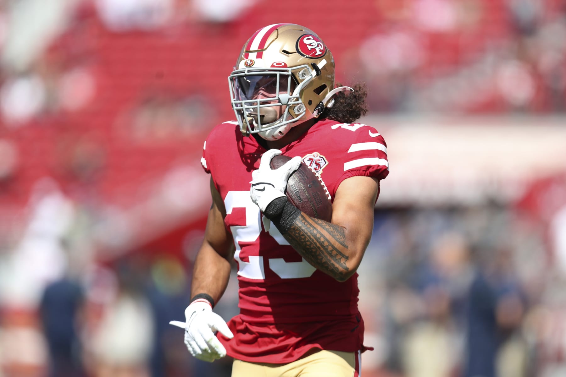 San Francisco 49ers safety Talanoa Hufanga before an NFL football game against the Seattle Seahawks in Santa Clara, Calif., Sunday, Oct. 3, 2021. (AP Photo/Jed Jacobsohn)