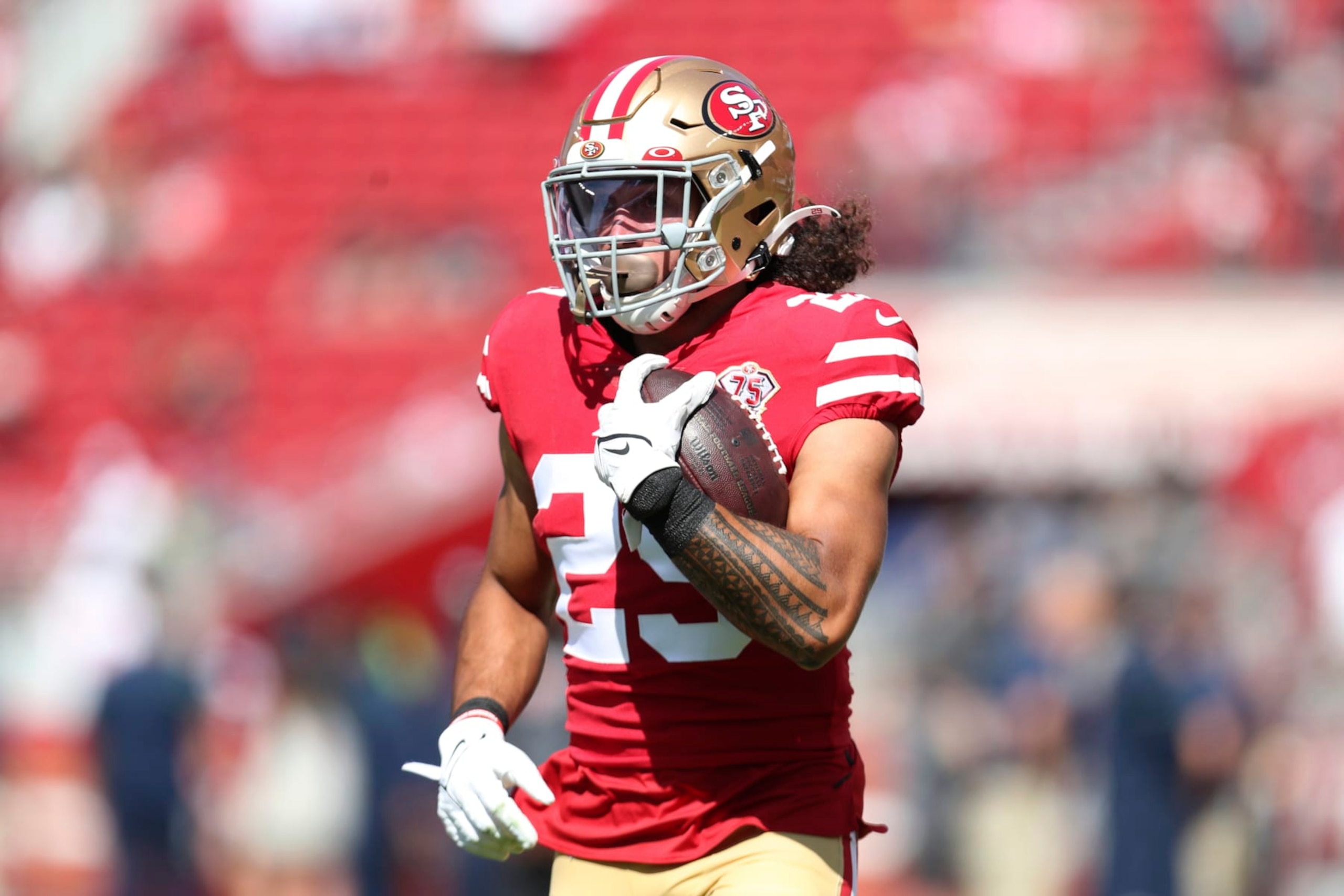 San Francisco 49ers safety Talanoa Hufanga before an NFL football game against the Seattle Seahawks in Santa Clara, Calif., Sunday, Oct. 3, 2021. (AP Photo/Jed Jacobsohn)