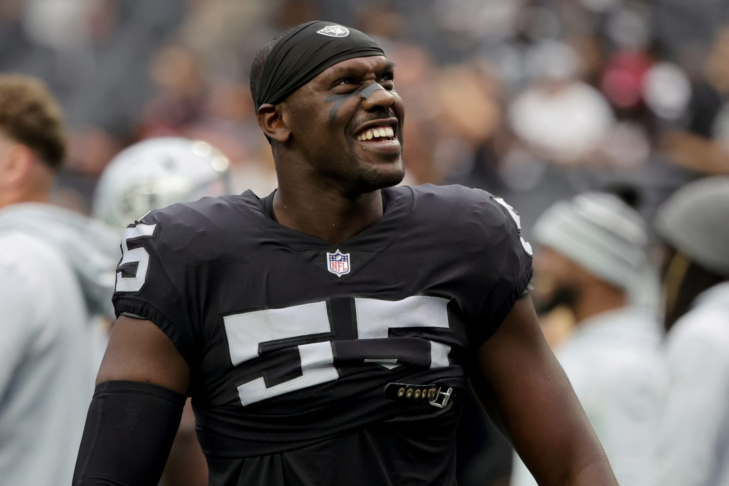 LAS VEGAS, NEVADA - SEPTEMBER 18: Chandler Jones #55 of the Las Vegas Raiders looks on before the game against the Arizona Cardinals at Allegiant Stadium on September 18, 2022 in Las Vegas, Nevada. (Photo by Ethan Miller/Getty Images) LAS VEGAS, NEVADA - SEPTEMBER 18: Chandler Jones #55 of the Las Vegas Raiders looks on before the game against the Arizona Cardinals at Allegiant Stadium on September 18, 2022 in Las Vegas, Nevada. (Photo by Ethan Miller/Getty Images)