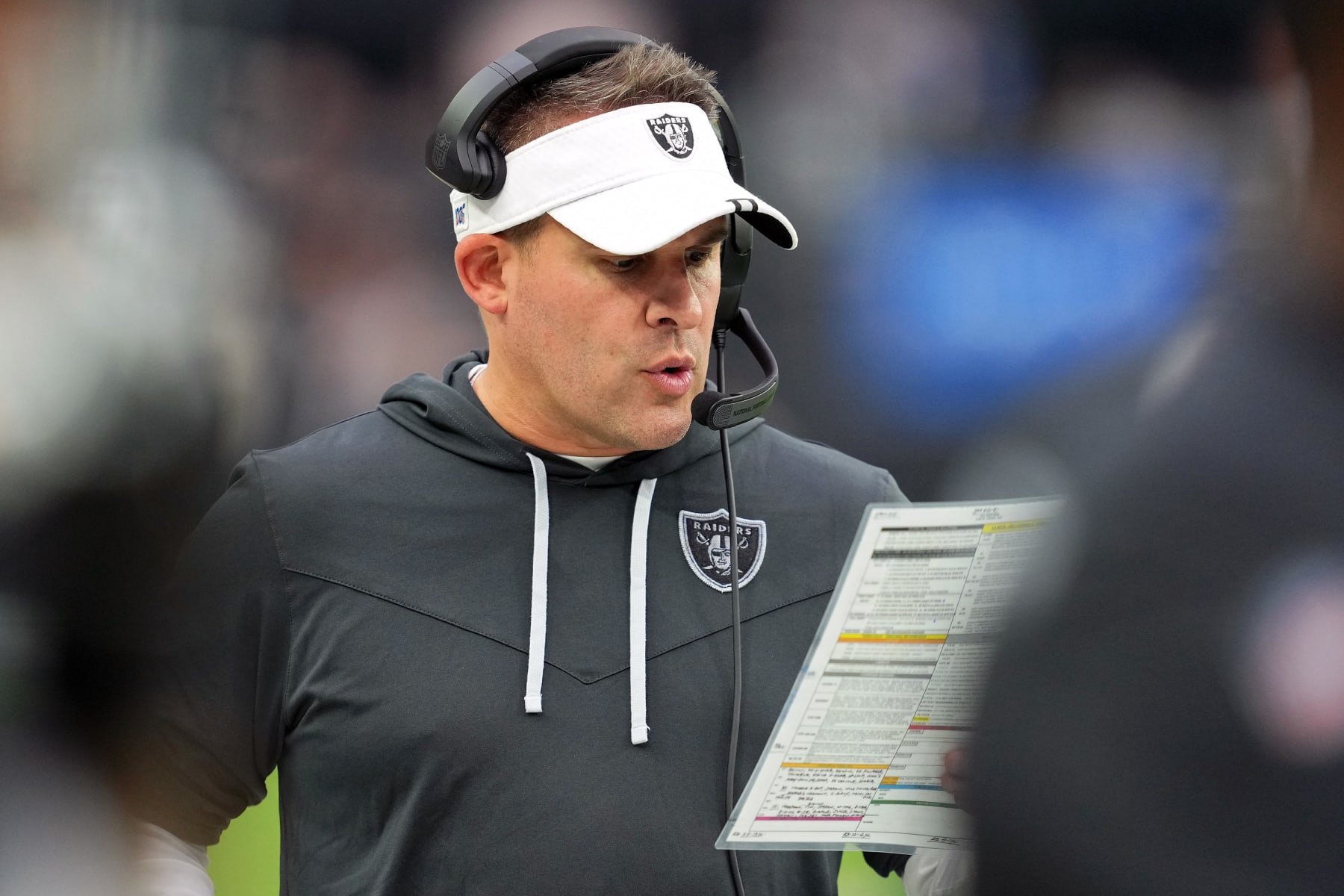 LAS VEGAS, NEVADA - SEPTEMBER 18: Las Vegas Raiders head coach Josh McDaniels looks at his play sheet in the third quarter against the Arizona Cardinals at Allegiant Stadium on September 18, 2022 in Las Vegas, Nevada. (Photo by Chris Unger/Getty Images)