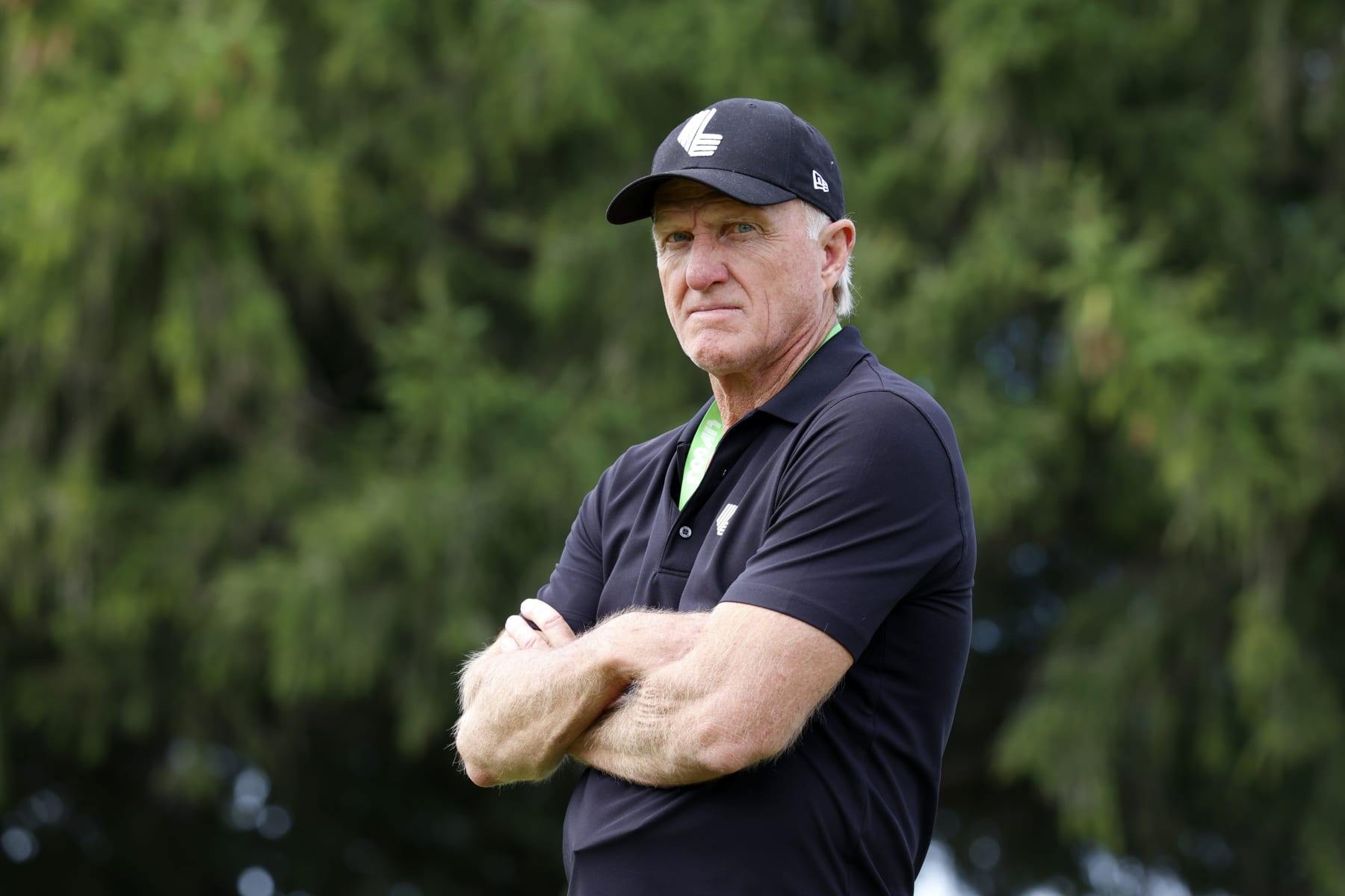SUGAR GROVE, IL - SEPTEMBER 18: LIV CEO and commissioner Greg Norman watches play on the third hole during the final round of the LIV Golf Invitational Series Chicago at Rich Harvest Farms in Sugar Grove, Illinois.  (Photo by Brian Spurlock/Icon Sportswire via Getty Images)
