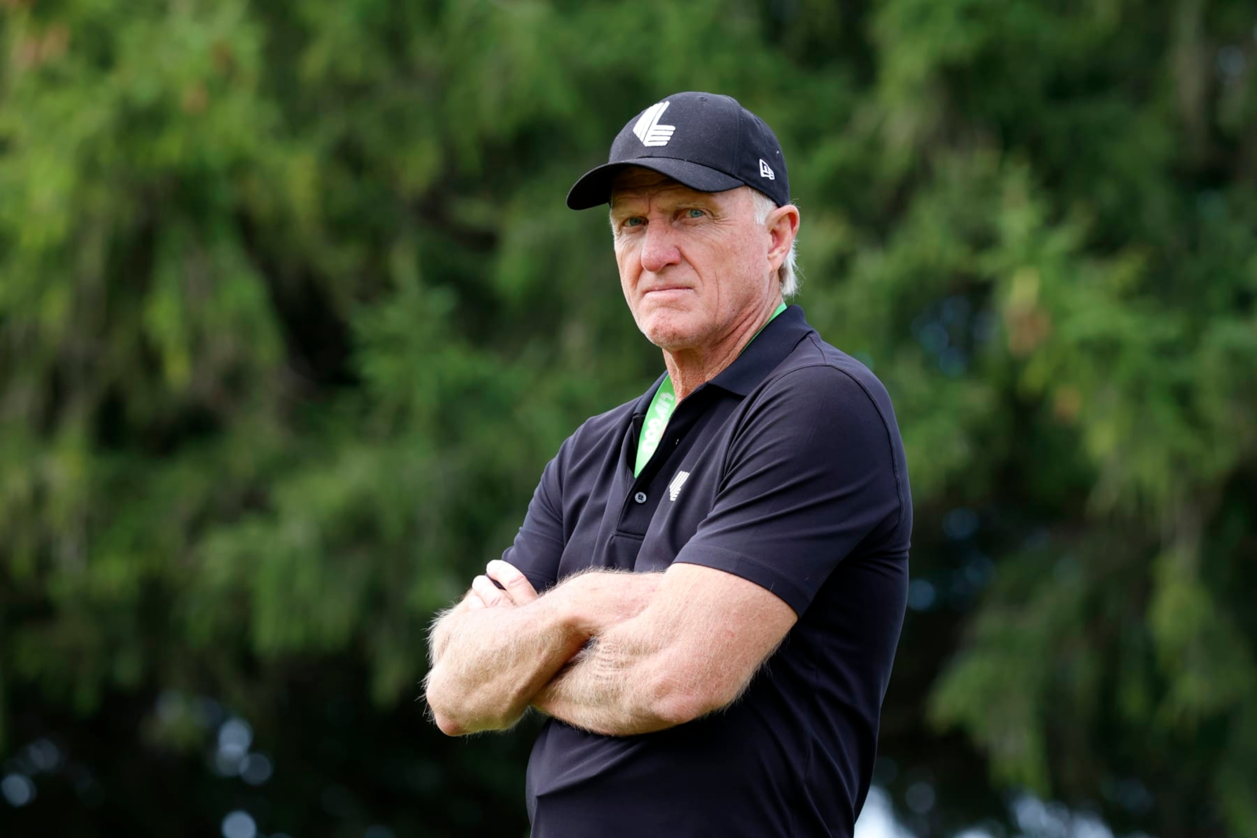SUGAR GROVE, IL - SEPTEMBER 18: LIV CEO and commissioner Greg Norman watches play on the third hole during the final round of the LIV Golf Invitational Series Chicago at Rich Harvest Farms in Sugar Grove, Illinois.  (Photo by Brian Spurlock/Icon Sportswire via Getty Images)