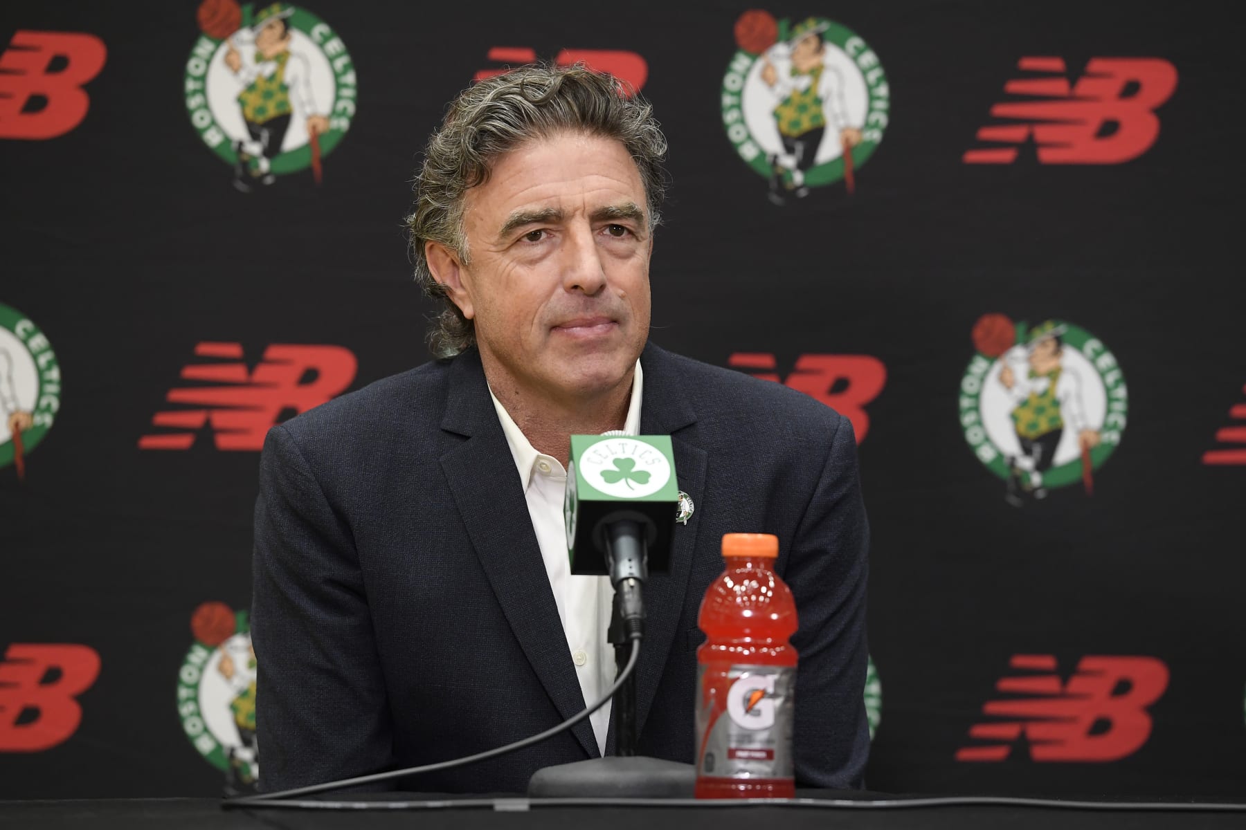 BOSTON, MA - JUNE 28: Managing Partner & Governor, Wycliffe Grousbeck of the Boston Celtics introduces Ime Udoka as new head coach of the Boston Celtics during a press conference on June 28, 2021 at the TD Garden in Boston, Massachusetts.  NOTE TO USER: User expressly acknowledges and agrees that, by downloading and or using this photograph, User is consenting to the terms and conditions of the Getty Images License Agreement. Mandatory Copyright Notice: Copyright 2021 NBAE  (Photo by Brian Babineau/NBAE via Getty Images)
