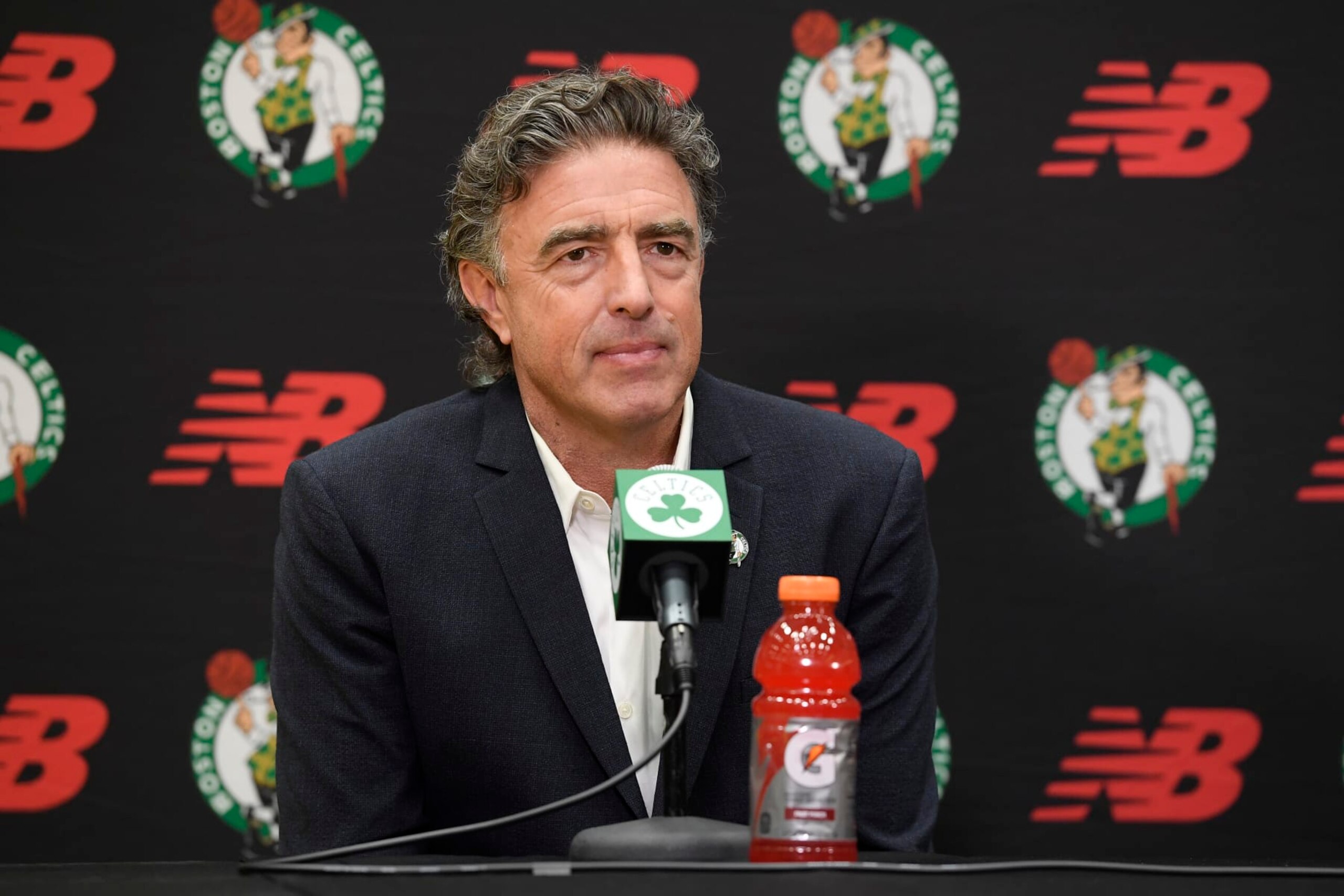 BOSTON, MA - JUNE 28: Managing Partner & Governor, Wycliffe Grousbeck of the Boston Celtics introduces Ime Udoka as new head coach of the Boston Celtics during a press conference on June 28, 2021 at the TD Garden in Boston, Massachusetts.  NOTE TO USER: User expressly acknowledges and agrees that, by downloading and or using this photograph, User is consenting to the terms and conditions of the Getty Images License Agreement. Mandatory Copyright Notice: Copyright 2021 NBAE  (Photo by Brian Babineau/NBAE via Getty Images)