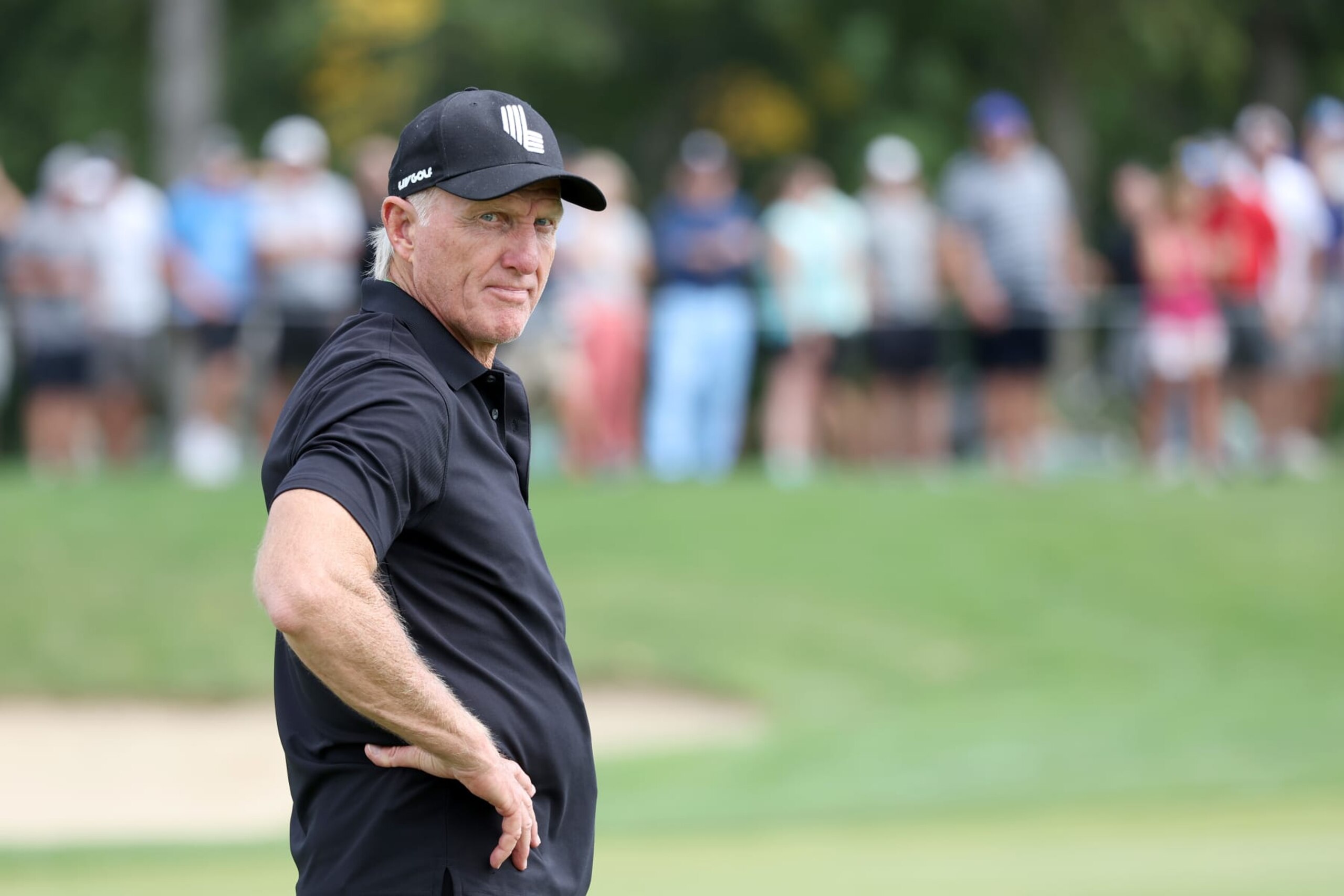 SUGAR GROVE, ILLINOIS - SEPTEMBER 18: Greg Norman, CEO and commissioner of LIV Golf, looks on from the second fairway during Day Three of the LIV Golf Invitational - Chicago at Rich Harvest Farms on September 18, 2022 in Sugar Grove, Illinois. (Photo by Jonathan Ferrey/LIV Golf via Getty Images)