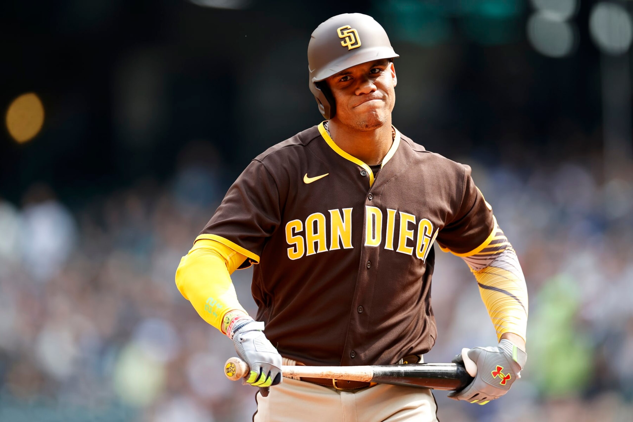 SEATTLE, WASHINGTON - SEPTEMBER 14: Juan Soto #22 of the San Diego Padres looks on during the first inning against the Seattle Mariners at T-Mobile Park on September 14, 2022 in Seattle, Washington. (Photo by Steph Chambers/Getty Images)