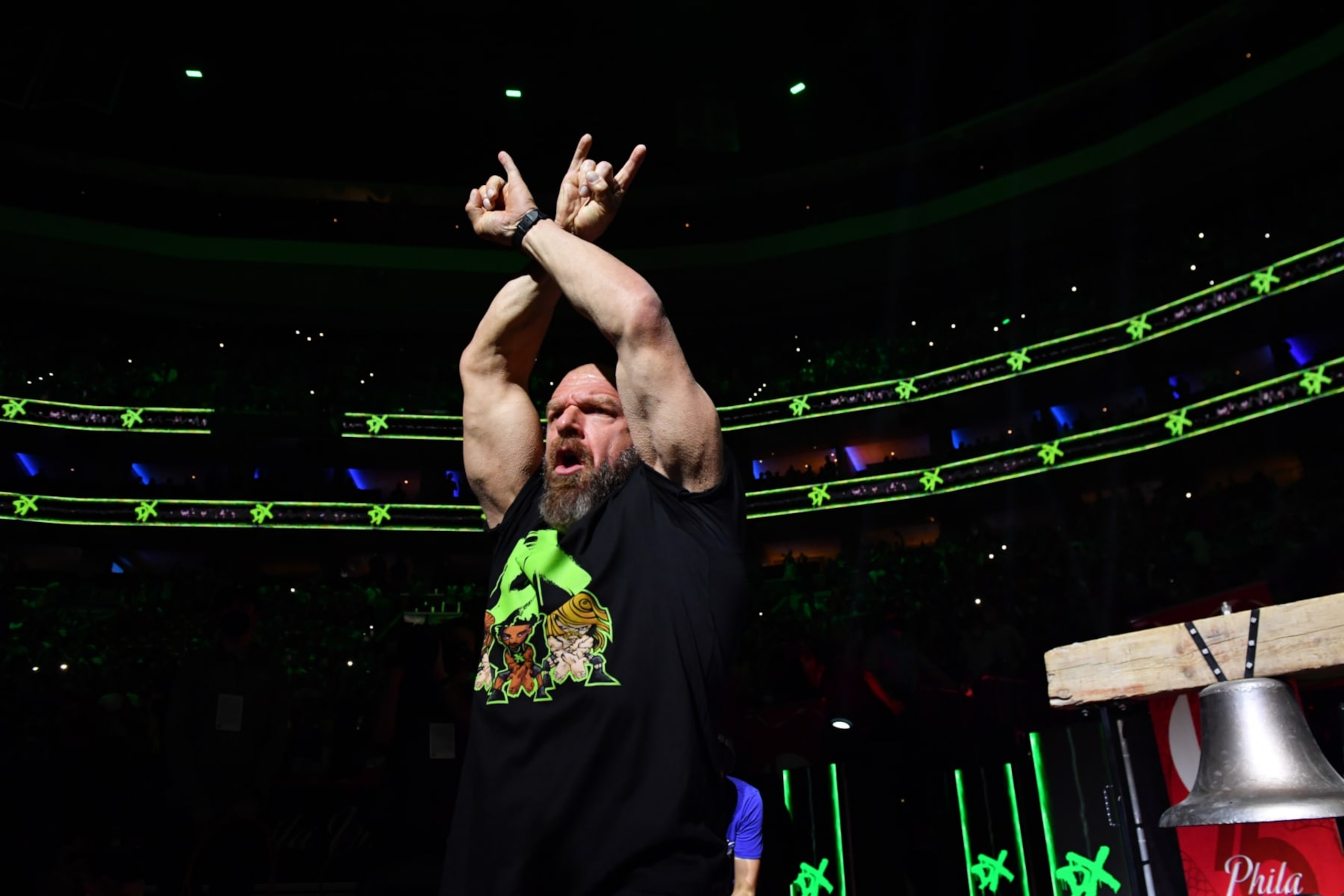 PHILADELPHIA, PA - JUNE 6: Professional Wrestler, Triple H reacts prior to a game during Round 2, Game 1 of the Eastern Conference Playoffs on June 6, 2021 at Wells Fargo Center in Philadelphia, Pennsylvania. NOTE TO USER: User expressly acknowledges and agrees that, by downloading and/or using this Photograph, user is consenting to the terms and conditions of the Getty Images License Agreement. Mandatory Copyright Notice: Copyright 2021 NBAE (Photo by Jesse D. Garrabrant/NBAE via Getty Images)