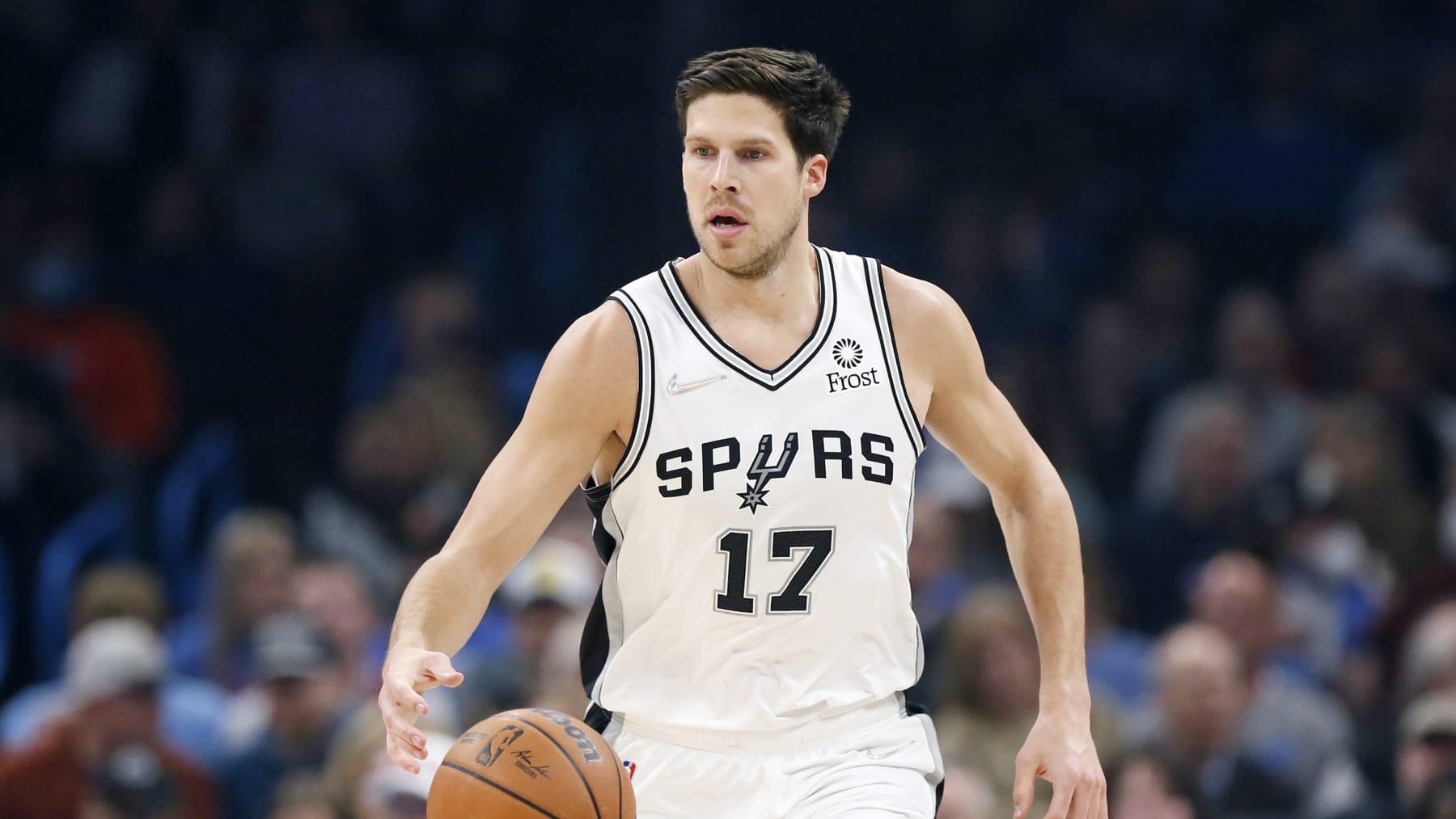 San Antonio Spurs forward Doug McDermott in the first half of an NBA basketball game Wednesday, Feb. 16, 2022, in Oklahoma City. (AP Photo/Nate Billings)