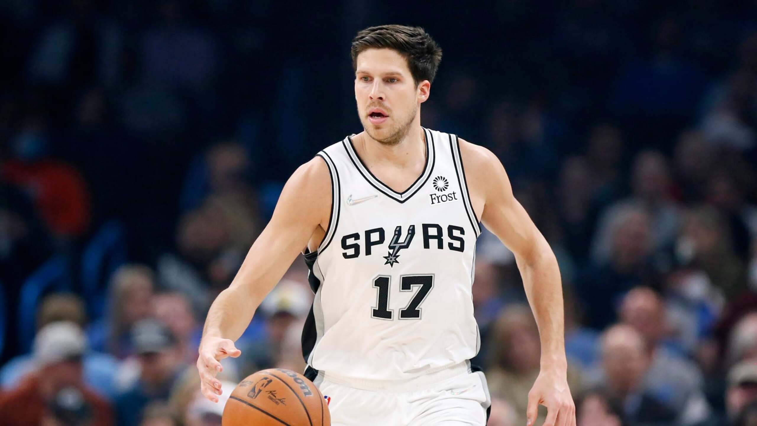 San Antonio Spurs forward Doug McDermott in the first half of an NBA basketball game Wednesday, Feb. 16, 2022, in Oklahoma City. (AP Photo/Nate Billings)