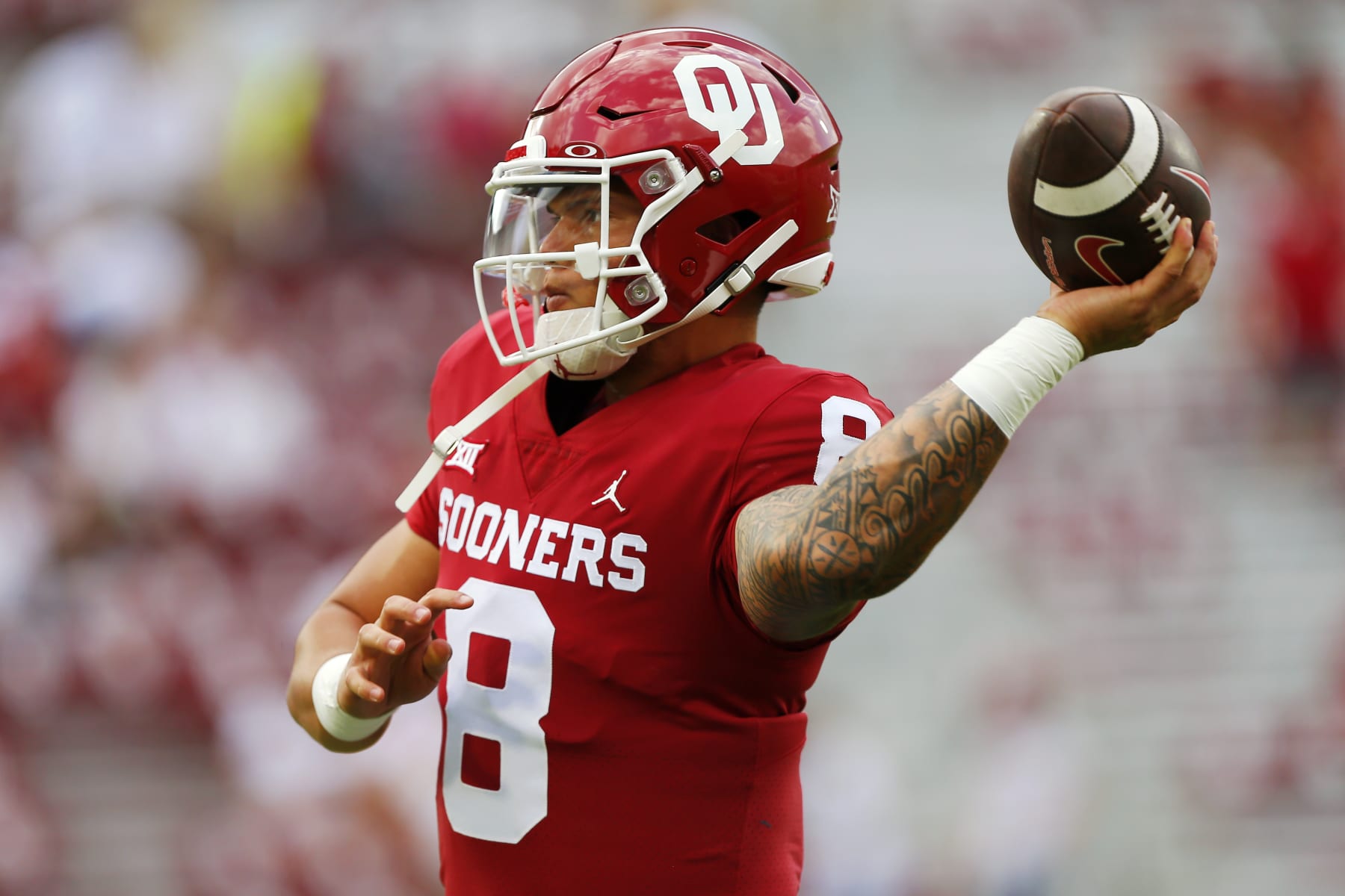NORMAN, OK - SEPTEMBER 10:  Quarterback Dillon Gabriel #8 of the Oklahoma Sooners throws before a game against the Kent State Golden Flashes at Gaylord Family Oklahoma Memorial Stadium on September 10, 2022 in Norman, Oklahoma.  Oklahoma won 33-3. (Photo by Brian Bahr/Getty Images)