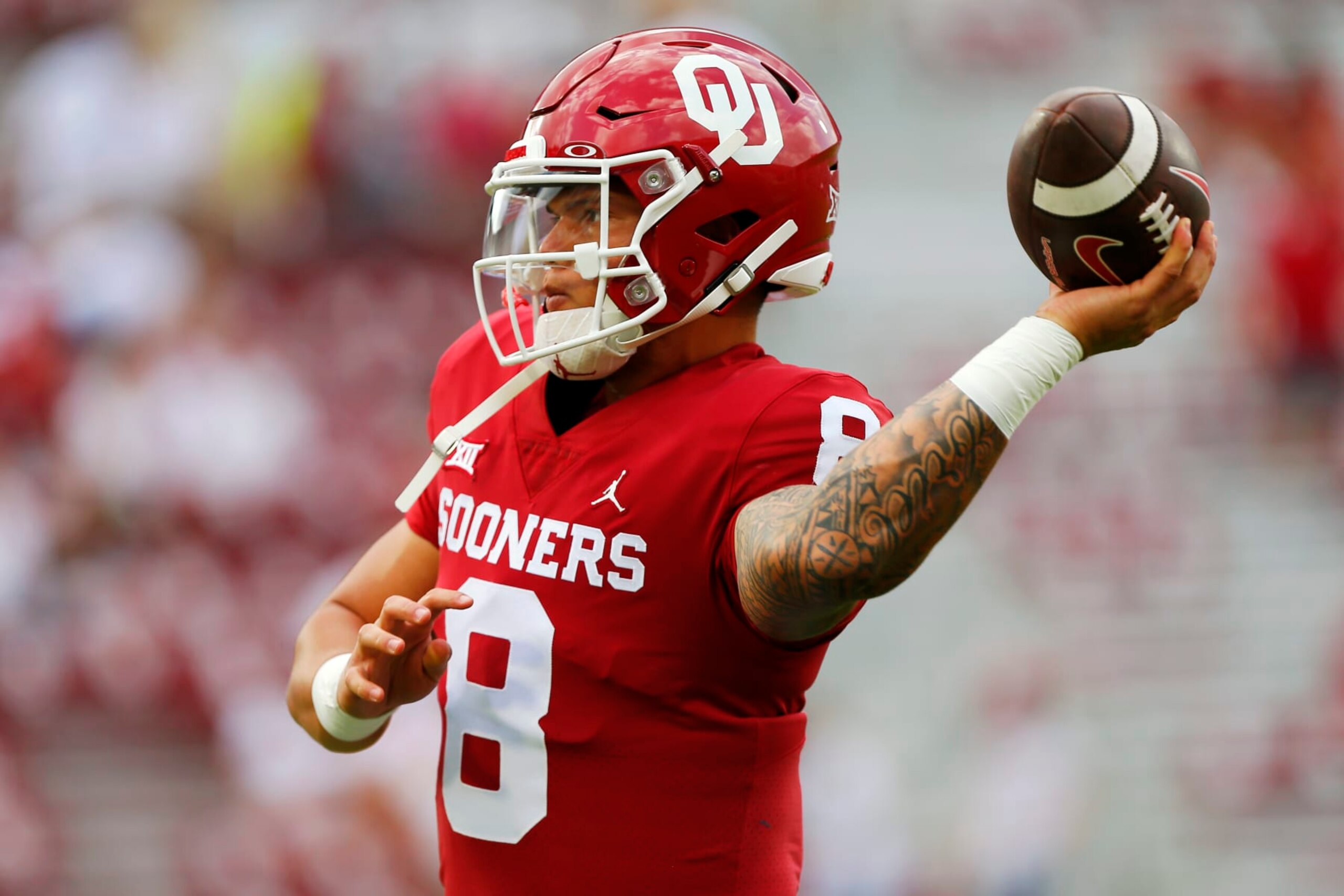 NORMAN, OK - SEPTEMBER 10: Quarterback Dillon Gabriel #8 of the Oklahoma Sooners throws before a game against the Kent State Golden Flashes at Gaylord Family Oklahoma Memorial Stadium on September 10, 2022 in Norman, Oklahoma. Oklahoma won 33-3. (Photo by Brian Bahr/Getty Images) NORMAN, OK - SEPTEMBER 10: Quarterback Dillon Gabriel #8 of the Oklahoma Sooners throws before a game against the Kent State Golden Flashes at Gaylord Family Oklahoma Memorial Stadium on September 10, 2022 in Norman, Oklahoma. Oklahoma won 33-3. (Photo by Brian Bahr/Getty Images)