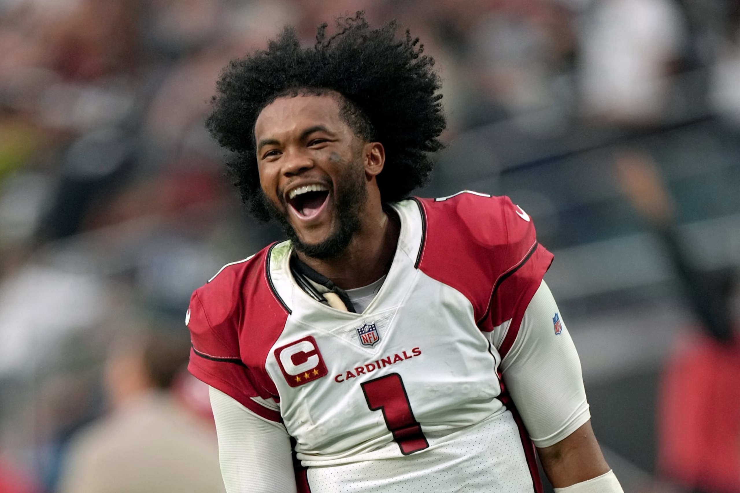 LAS VEGAS, NEVADA - SEPTEMBER 18: Kyler Murray #1 of the Arizona Cardinals celebrates after the game-winning touchdown in overtime against the Las Vegas Raiders at Allegiant Stadium on September 18, 2022 in Las Vegas, Nevada. (Photo by Jeff Bottari/Getty Images) LAS VEGAS, NEVADA - SEPTEMBER 18: Kyler Murray #1 of the Arizona Cardinals celebrates after the game-winning touchdown in overtime against the Las Vegas Raiders at Allegiant Stadium on September 18, 2022 in Las Vegas, Nevada. (Photo by Jeff Bottari/Getty Images)
