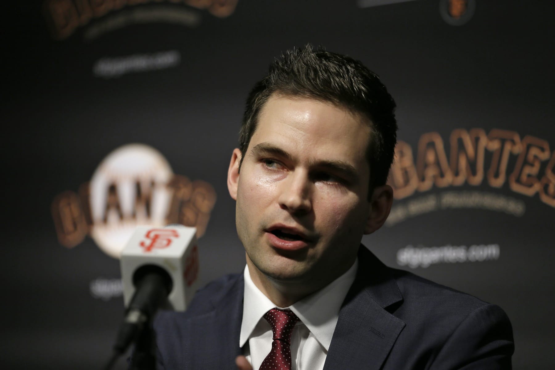 San Francisco Giants general manager Scott Harris during a news conference at Oracle Park Monday, Nov. 11, 2019, in San Francisco. The Giants hired Scott Harris from the Chicago Cubs to become general manager, filling a void of more than a year after the club had gone without a GM during president of baseball operations Farhan Zaidi's first season in the position.(AP Photo/Eric Risberg) San Francisco Giants general manager Scott Harris during a news conference at Oracle Park Monday, Nov. 11, 2019, in San Francisco. The Giants hired Scott Harris from the Chicago Cubs to become general manager, filling a void of more than a year after the club had gone without a GM during president of baseball operations Farhan Zaidi's first season in the position.(AP Photo/Eric Risberg)