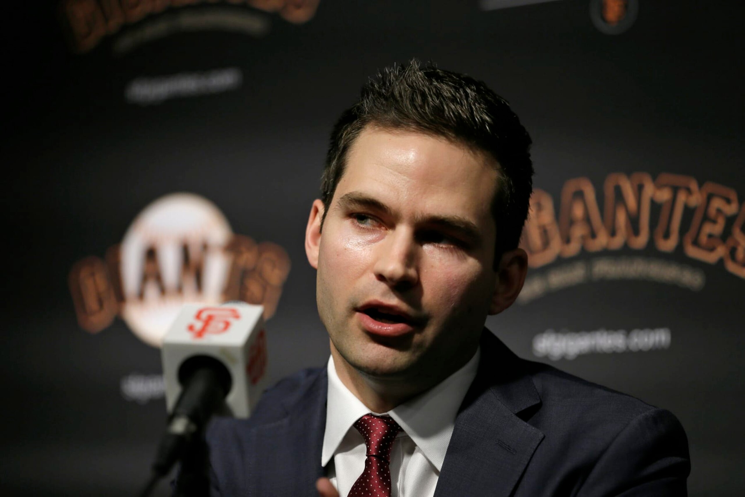 San Francisco Giants general manager Scott Harris during a news conference at Oracle Park Monday, Nov. 11, 2019, in San Francisco. The Giants hired Scott Harris from the Chicago Cubs to become general manager, filling a void of more than a year after the club had gone without a GM during president of baseball operations Farhan Zaidi's first season in the position.(AP Photo/Eric Risberg)