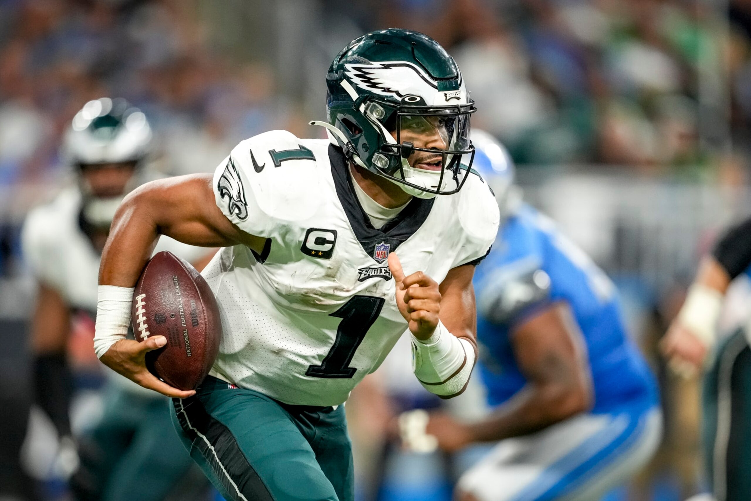 DETROIT, MICHIGAN - SEPTEMBER 11: Jalen Hurts #1 of the Philadelphia Eagles runs in action during the game against the Detroit Lions at Ford Field on September 11, 2022 in Detroit, Michigan. (Photo by Nic Antaya/Getty Images)
